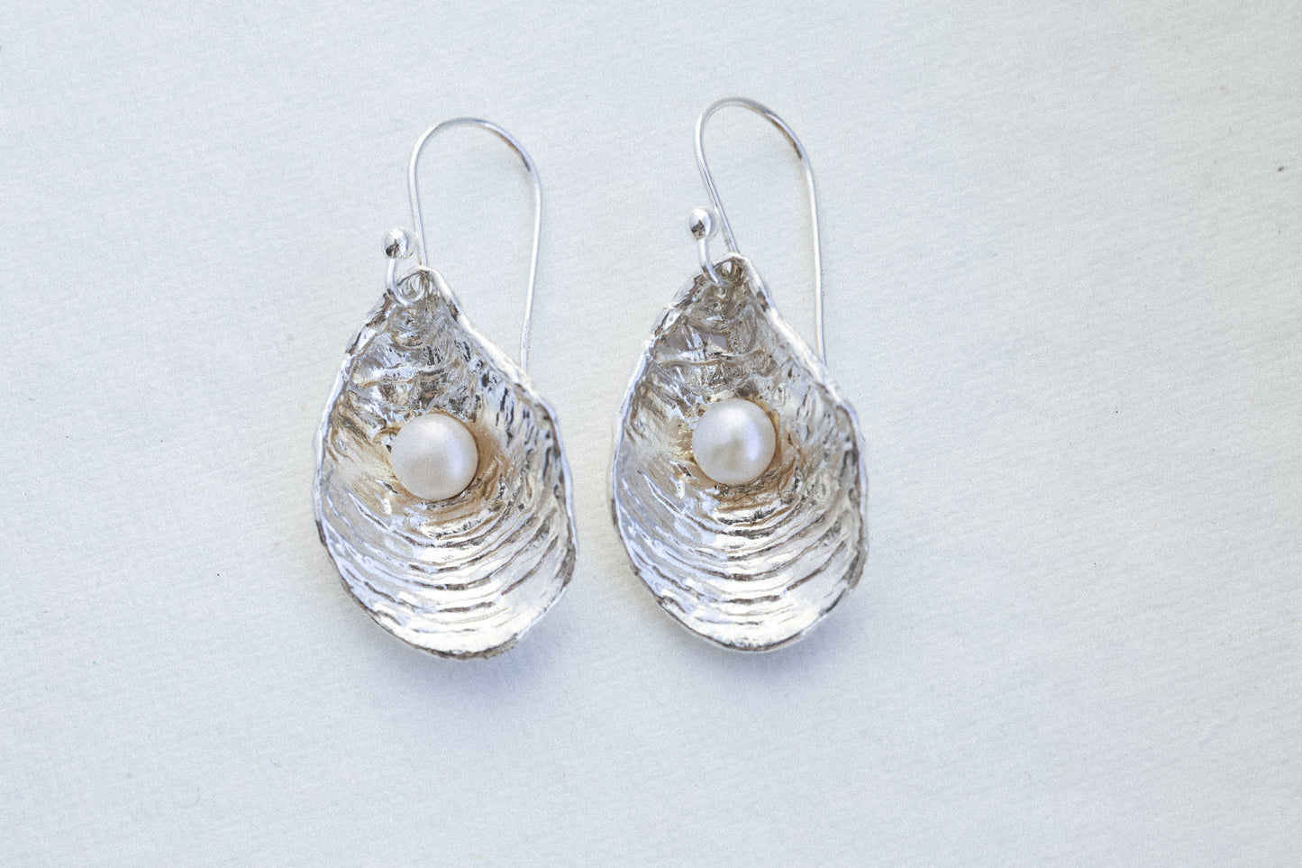 Hand-carved textured oyster shell earrings in recycled sterling silver Maine original design, Fresh water pearl earrings