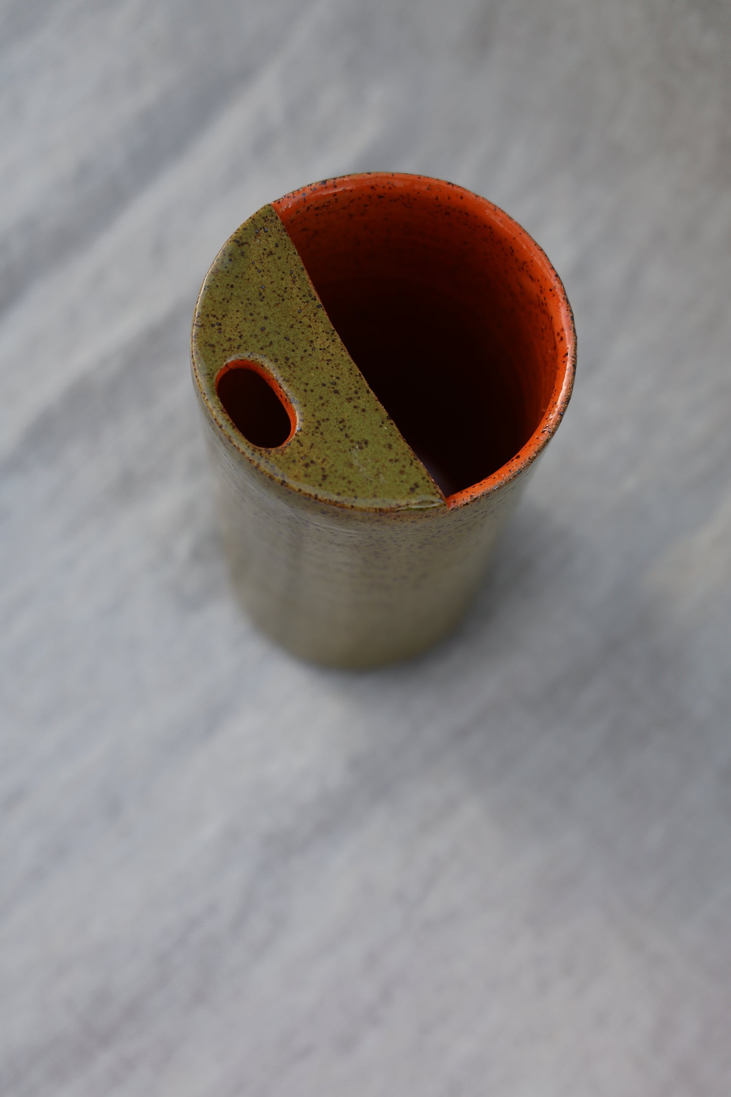 Olive Green and Orange Travel Cup, To Go cup, On The Go Cup, Ceramic Travel Mug, Mustache Saver, Handmade Pottery, Speckled White Travel Mug