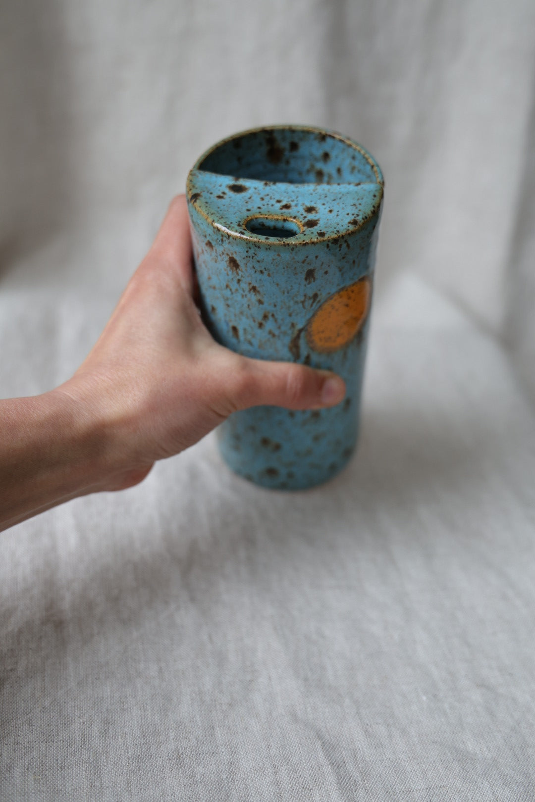Golden Hour Blue & Cream with Orange Sun Speckled To Go Cup, Travel Mug, Travel Tumbler, Mustache Saver, Ceramic Stoneware, Hand Thrown in Maine 14-16 oz. Pottery Cup