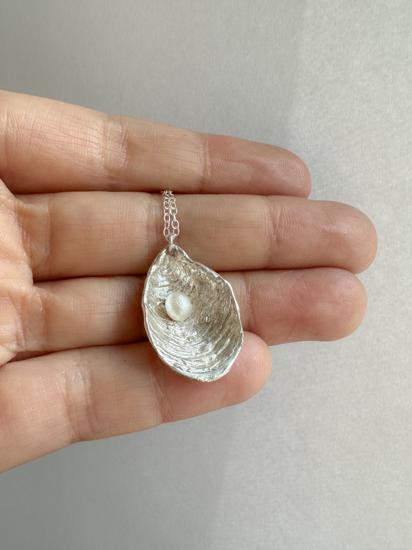 Textured Oyster necklace with fresh water pearl on adjustable chain, Maine Ocean inspired