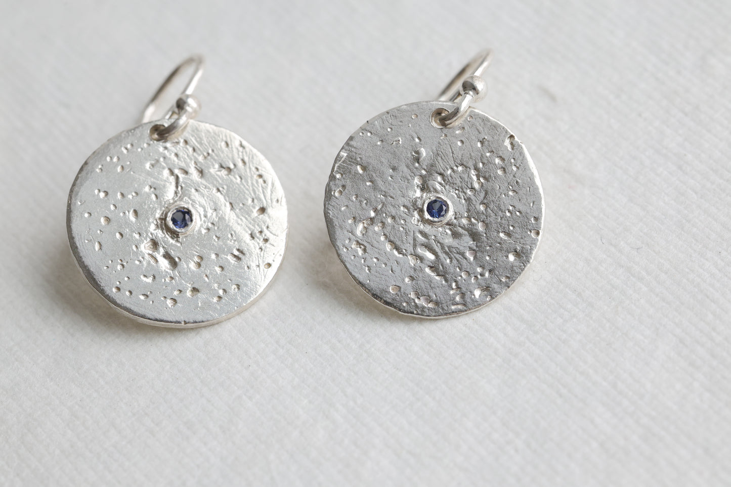 Sapphire texture earrings | Textured circle earrings with wee blue sapphire gemstones