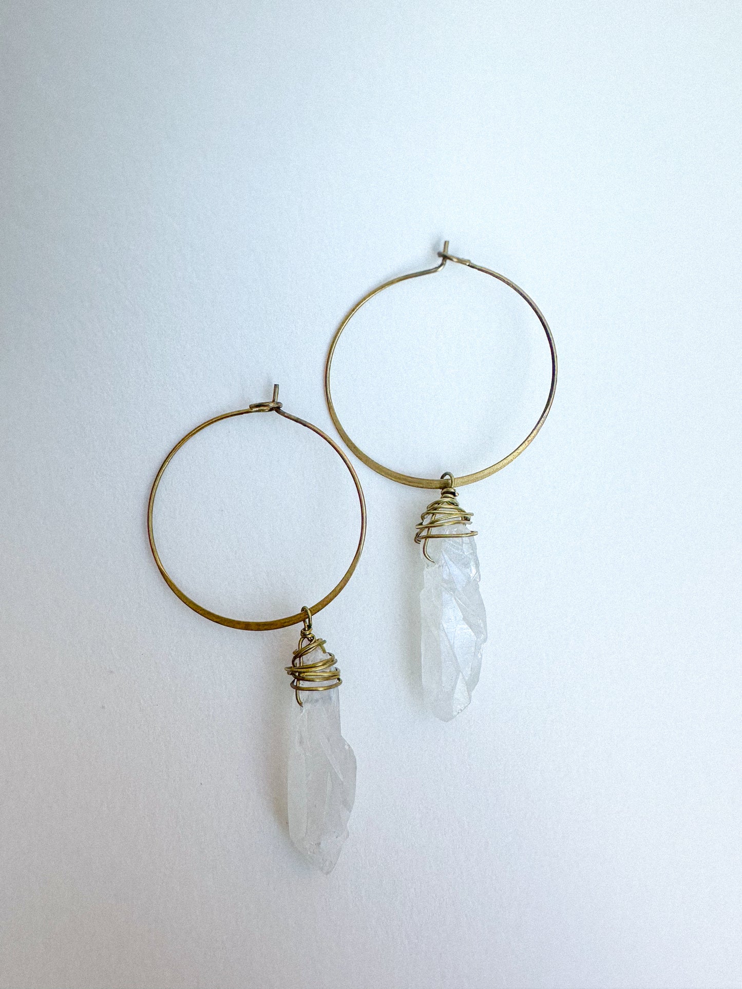 QUARTZ HOOPS | big brass boho hoops with quartz crystal dangles
