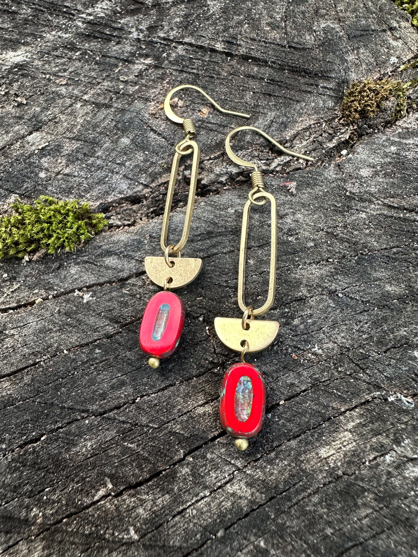 Red Czech cut glass boho earrings sturdy brass, gold color, geometric shape, rainbow with half circles