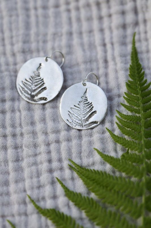Disc Earrings with fern stamp pattern in Recycled Sterling silver