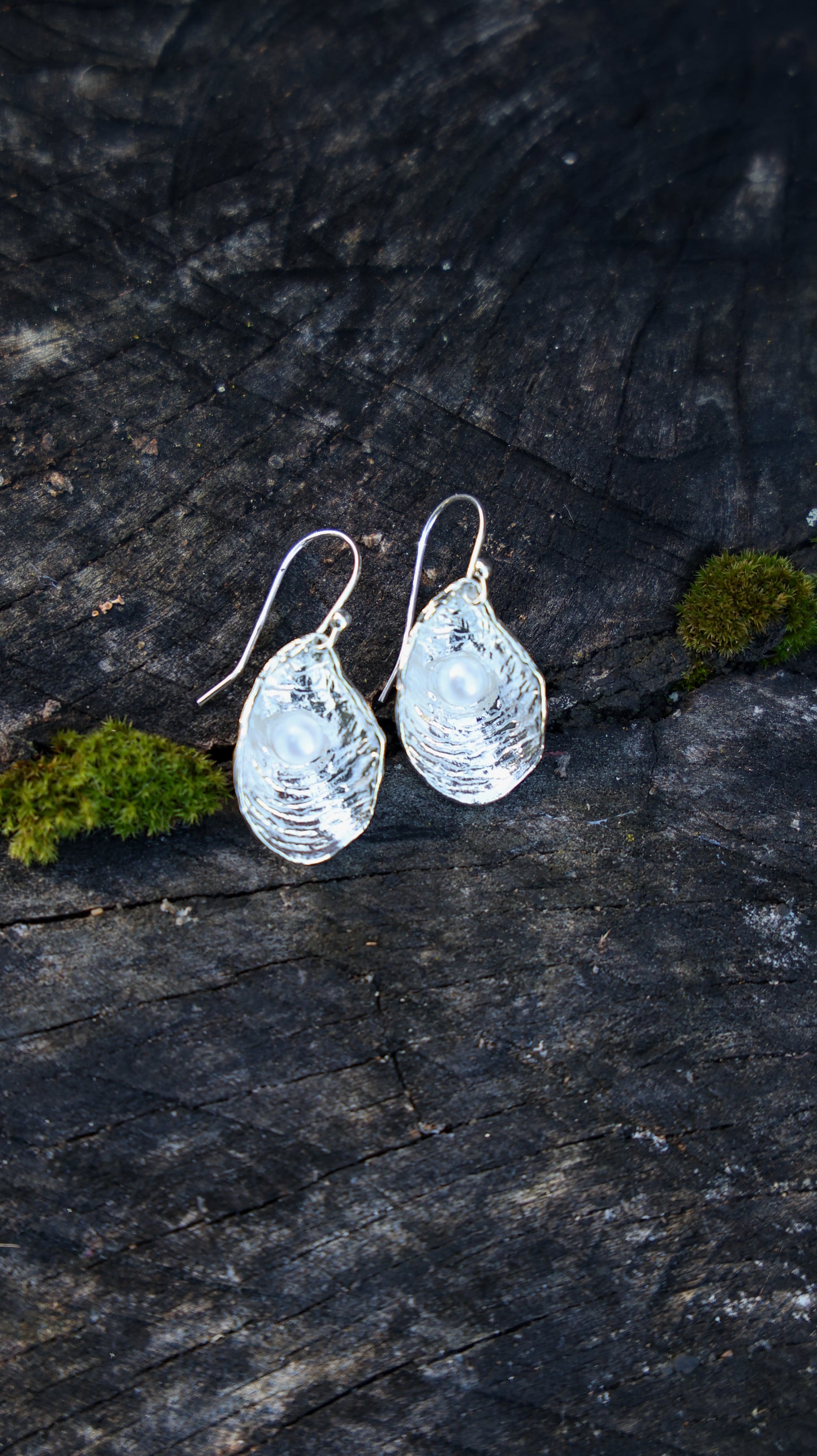 Hand-carved textured oyster shell earrings in recycled sterling silver Maine original design, Fresh water pearl earrings