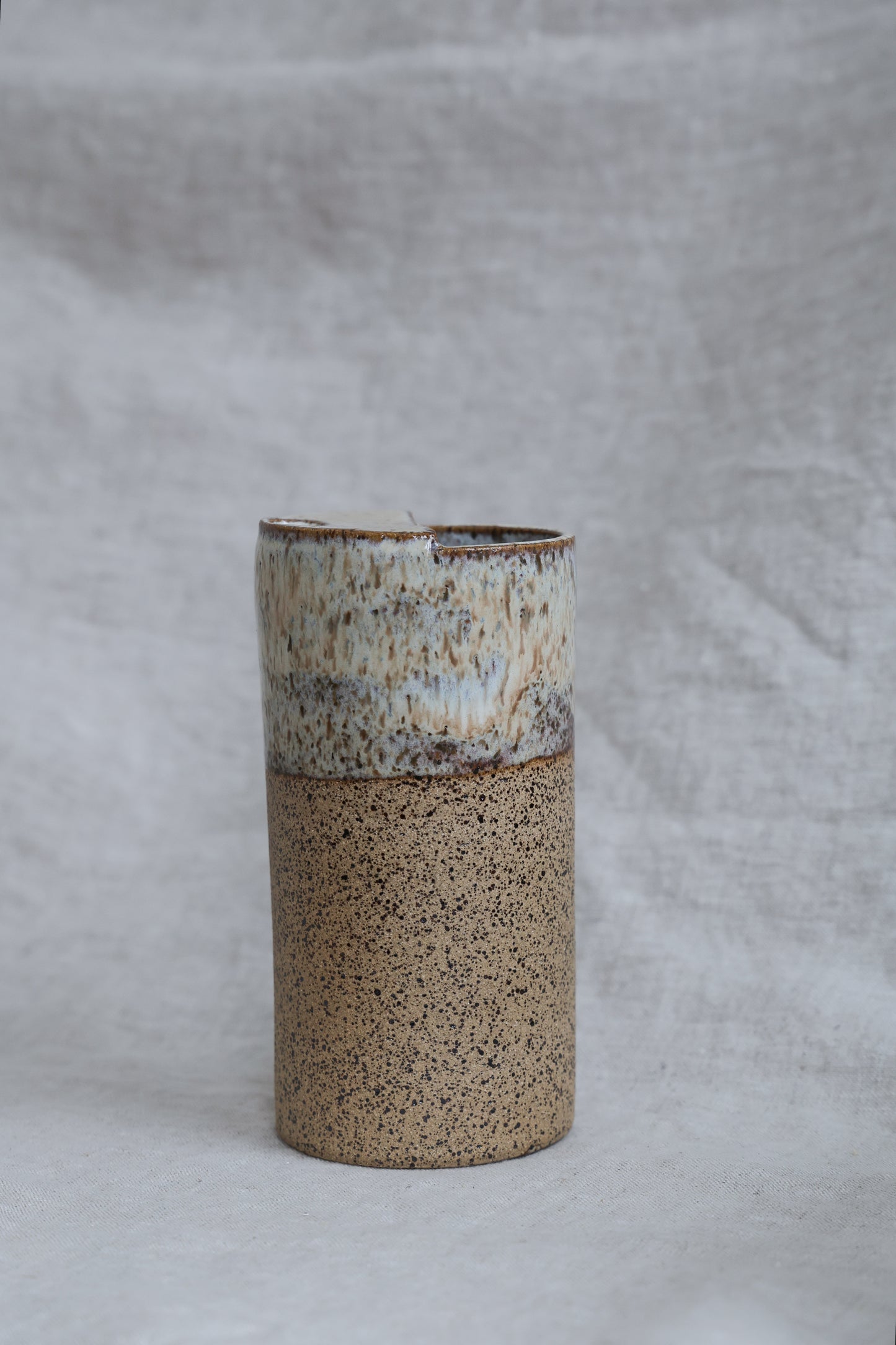 Creamy Beige Speckled To Go Cup, Minimalist Ceramic Travel Tumbler, Mustache Saver, Pottery Stoneware Hand Thrown in Maine 14-16oz.