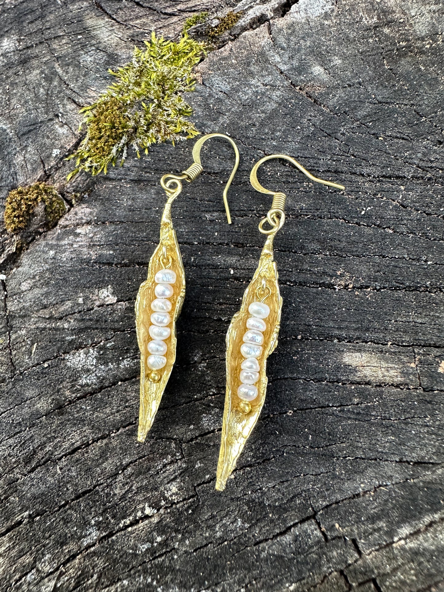 Golden peapod with wee white fresh water pearls, brass earrings