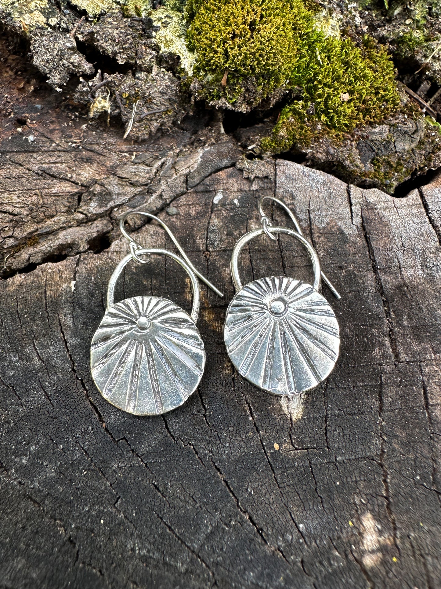 Shine the light sunbeams earrings in recycled sterling silver hand carved