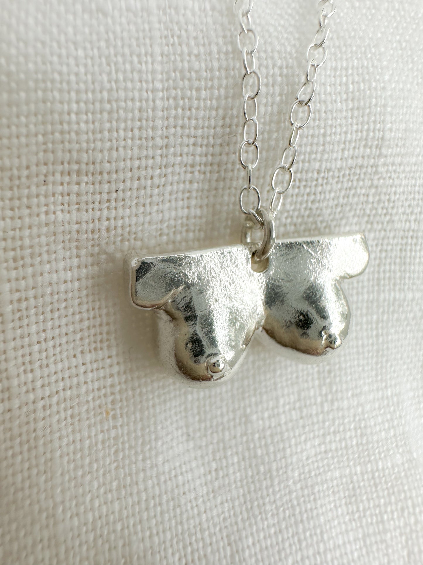 Boob necklace sterling silver breast necklace, hand-carved in Maine, adjustable chain, recycled silver