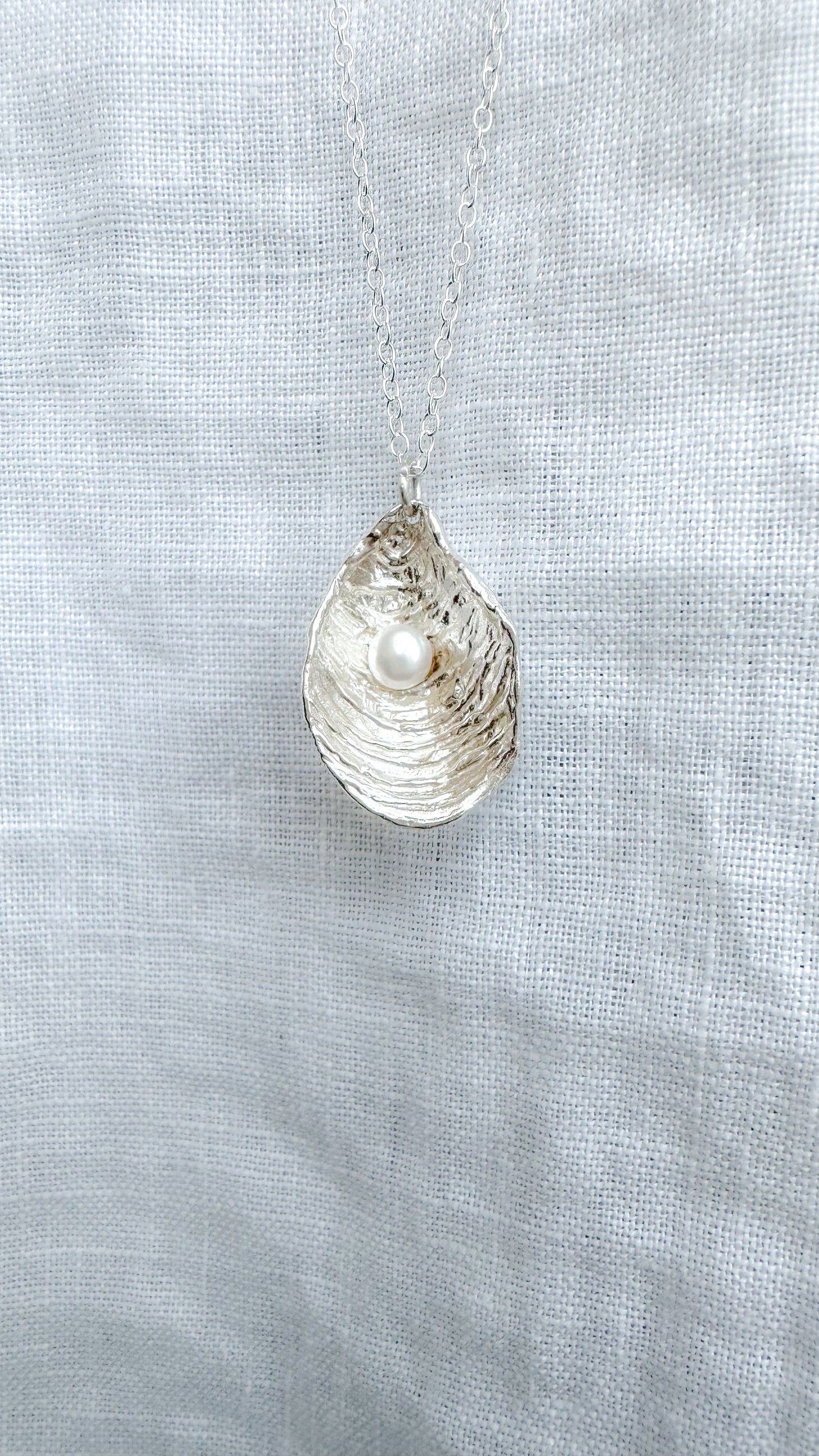 Textured Oyster necklace with fresh water pearl on adjustable chain, Maine Ocean inspired