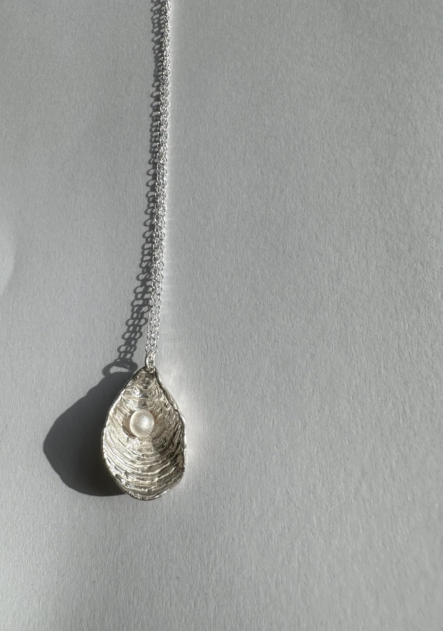 Textured Oyster necklace with fresh water pearl on adjustable chain, Maine Ocean inspired