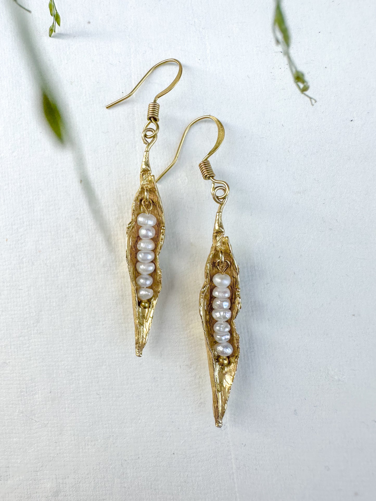 Golden peapod with wee white fresh water pearls, brass earrings