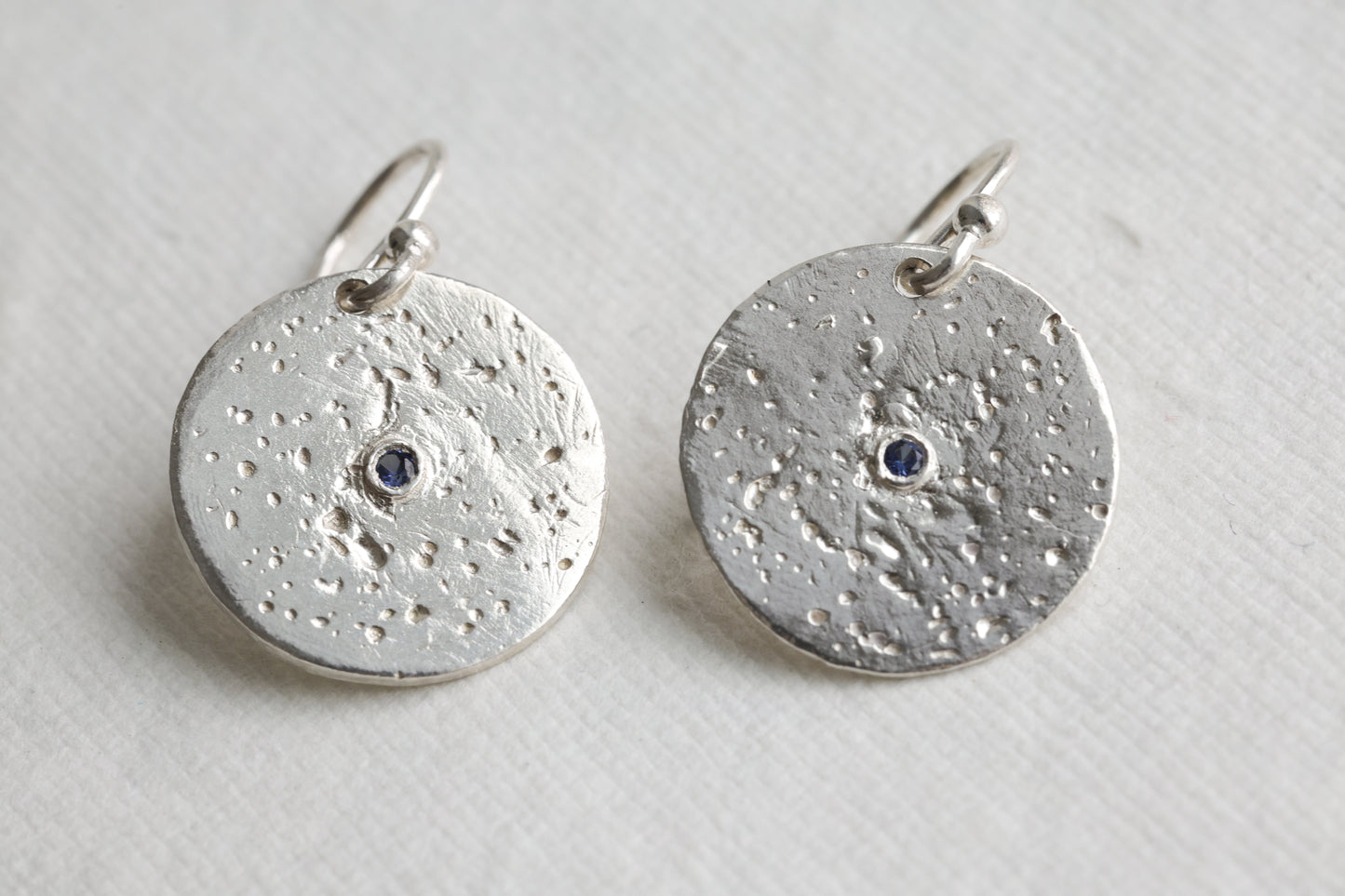 Sapphire texture earrings | Textured circle earrings with wee blue sapphire gemstones