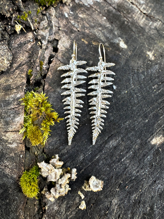 A pair of handcrafted fern earrings made of recycled sterling silver, displayed on a rock with lichen and a yellow flower.