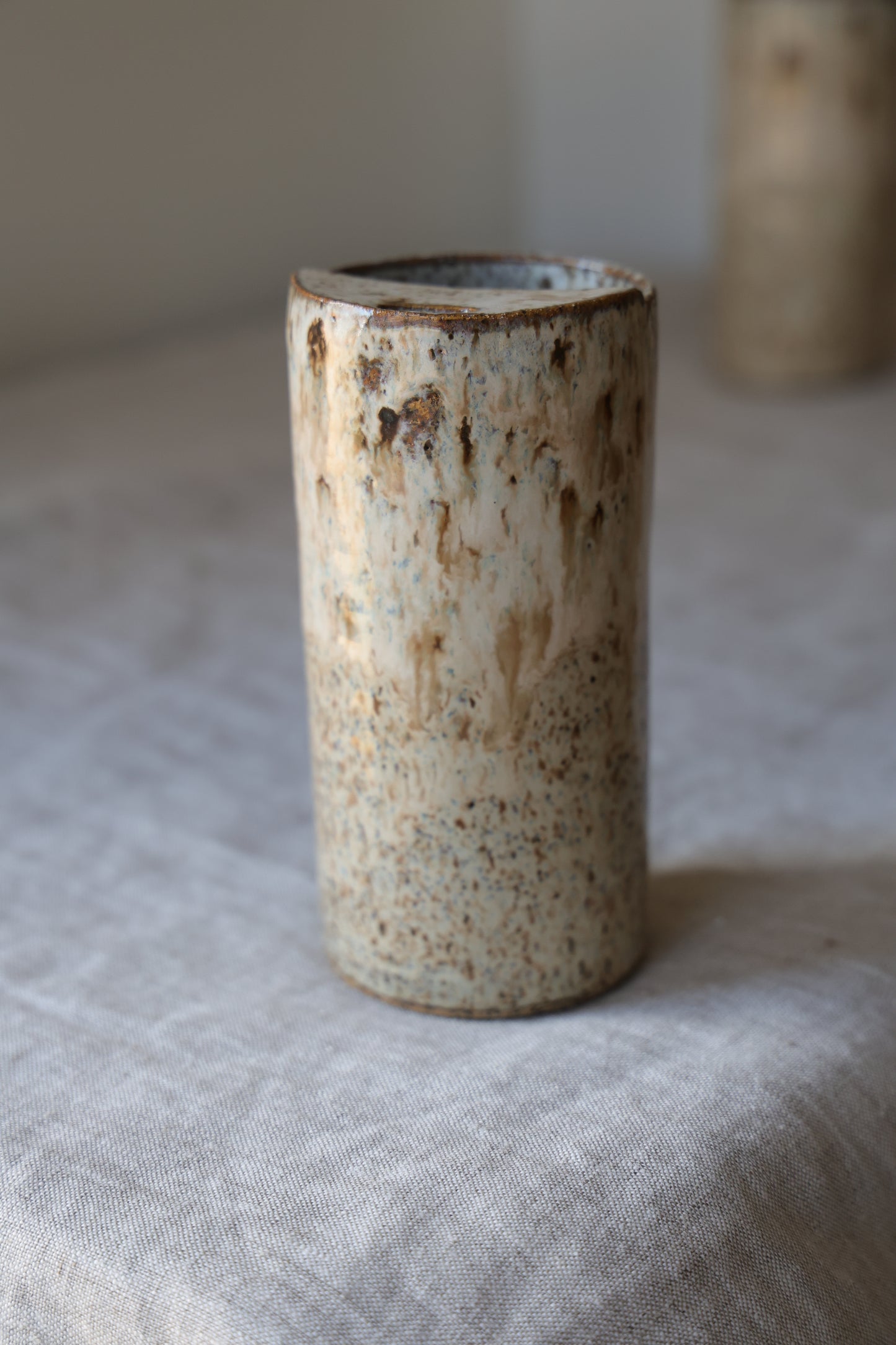 Cream and beige, Speckled To Go Cup, Travel Mug, Travel Tumbler, Mustache Saver, Ceramic Stoneware, Hand Thrown in Maine 13-15oz. Pottery Cup