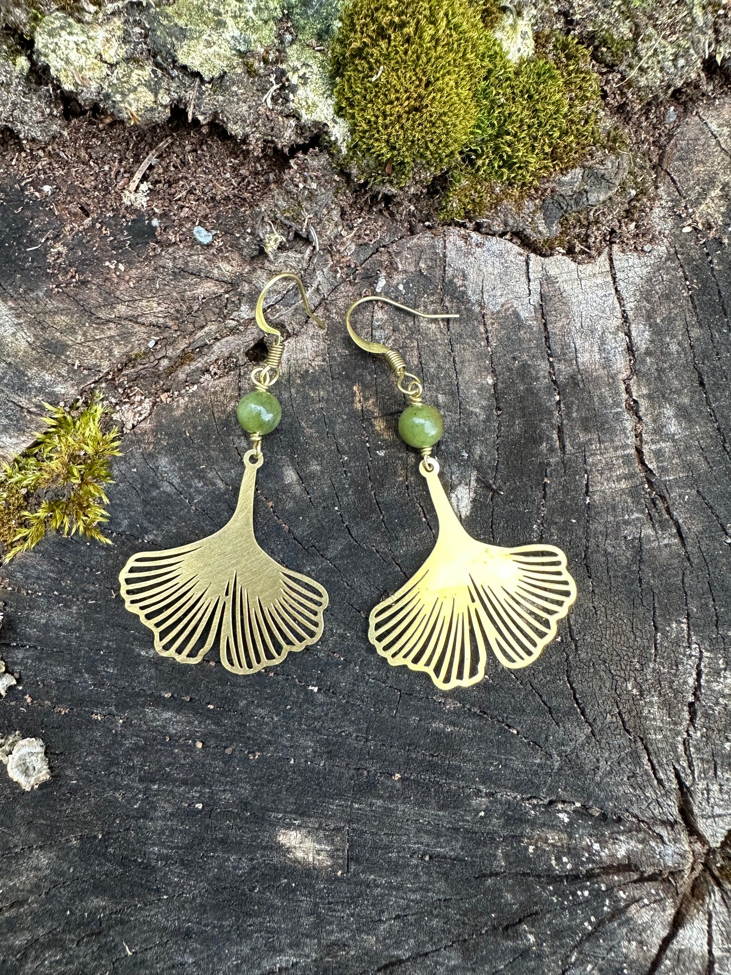 Ginkgo leaf Solid Brass Earrings with green jade, lightweight