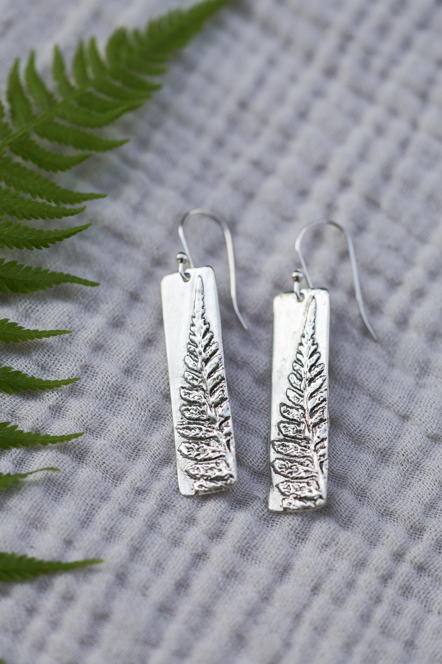 Intricately textured realistic fern earrings, Maine ferns, simple nature earrings, minimalist botanical earrings