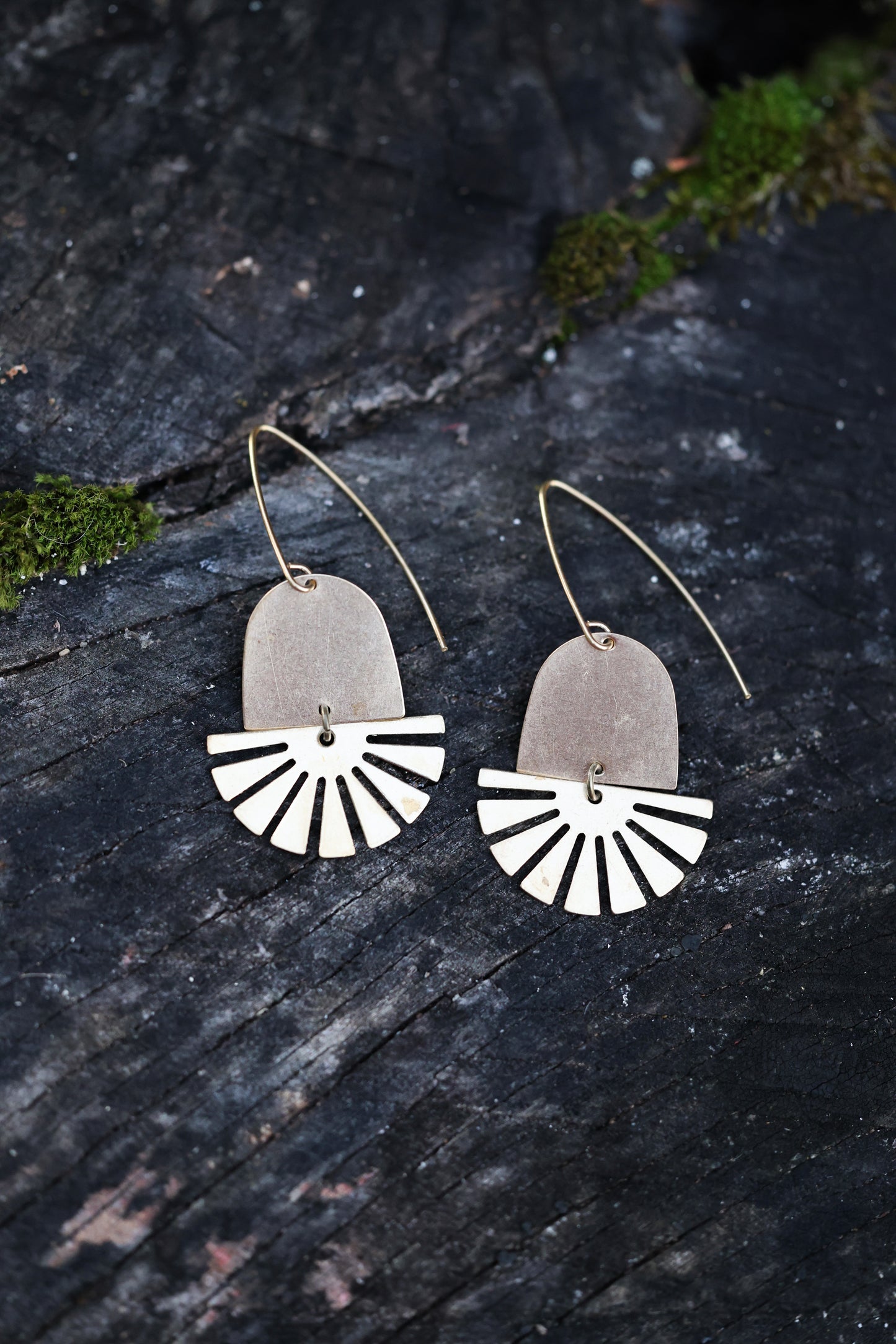 Aztec sun, lightweight, solid brass, celestial dangle earrings