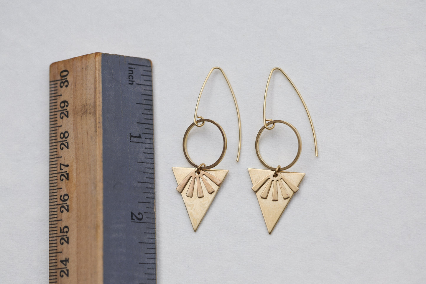 Brass sun beam earrings with triangle and hoop