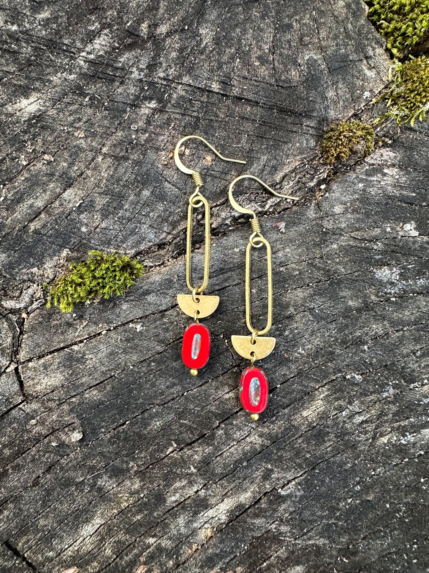 Red Czech cut glass boho earrings sturdy brass, gold color, geometric shape, rainbow with half circles