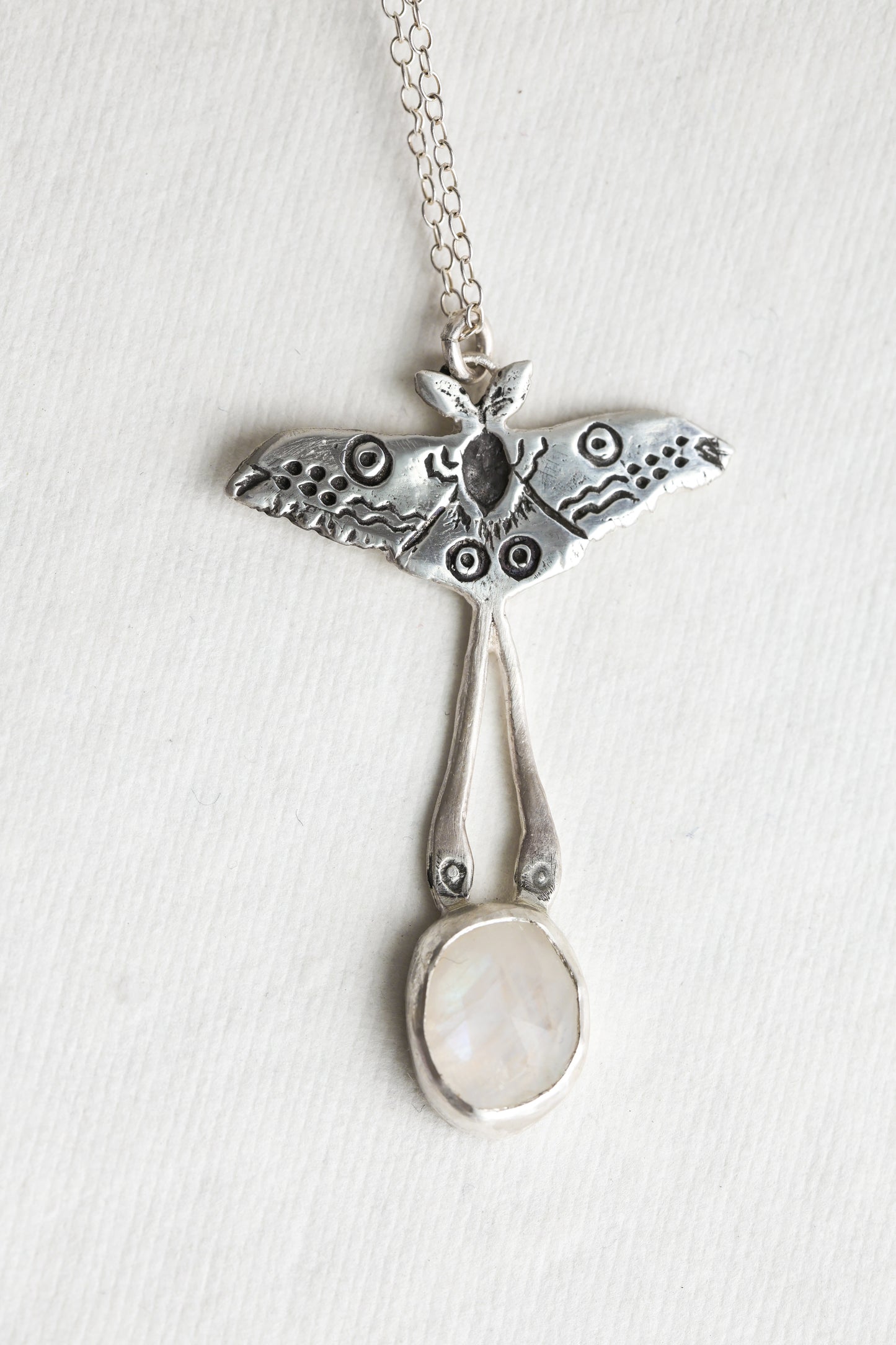 Luna Moth with Moonstone drop in recycled sterling silver, adjustable necklace.