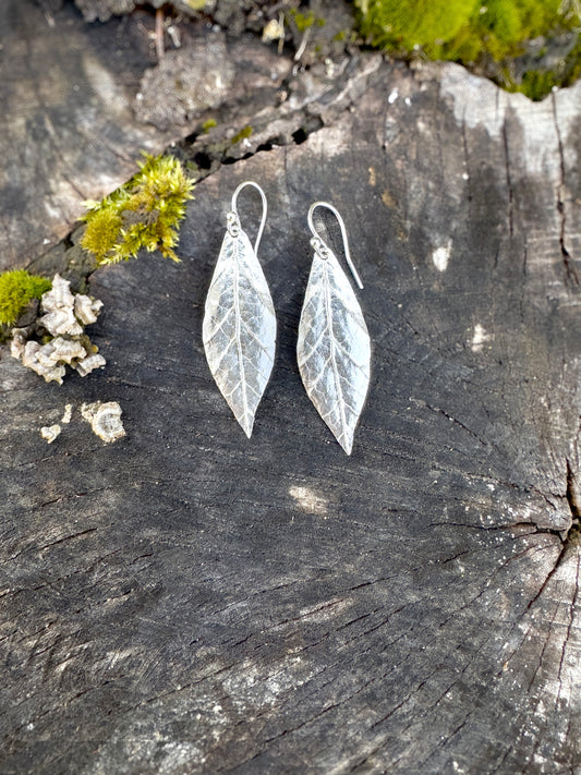 Textured sterling silver leaf earrings, Maine forest jewelry, hand carved dangle earrings