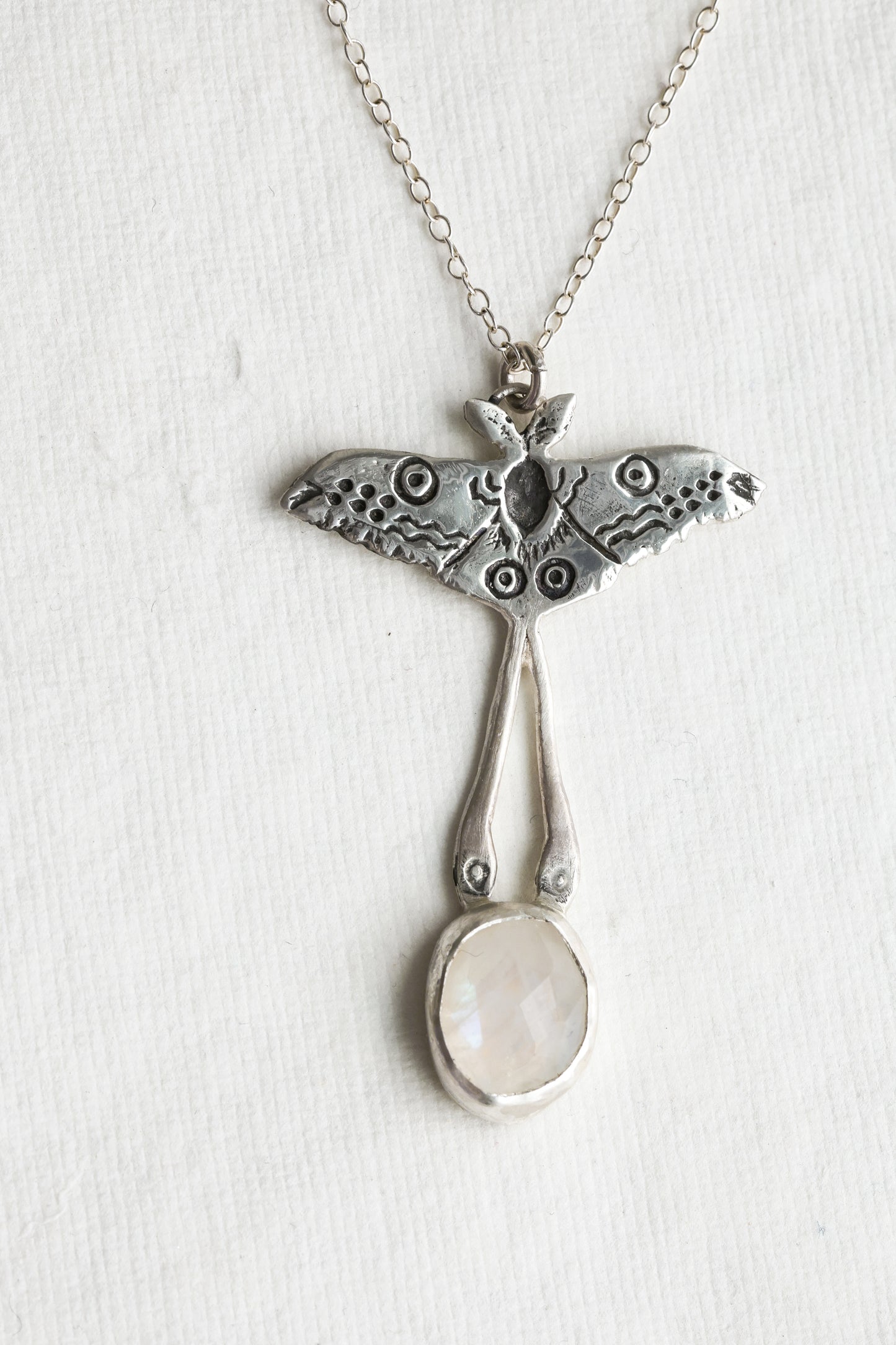 Luna Moth with Moonstone drop in recycled sterling silver, adjustable necklace.