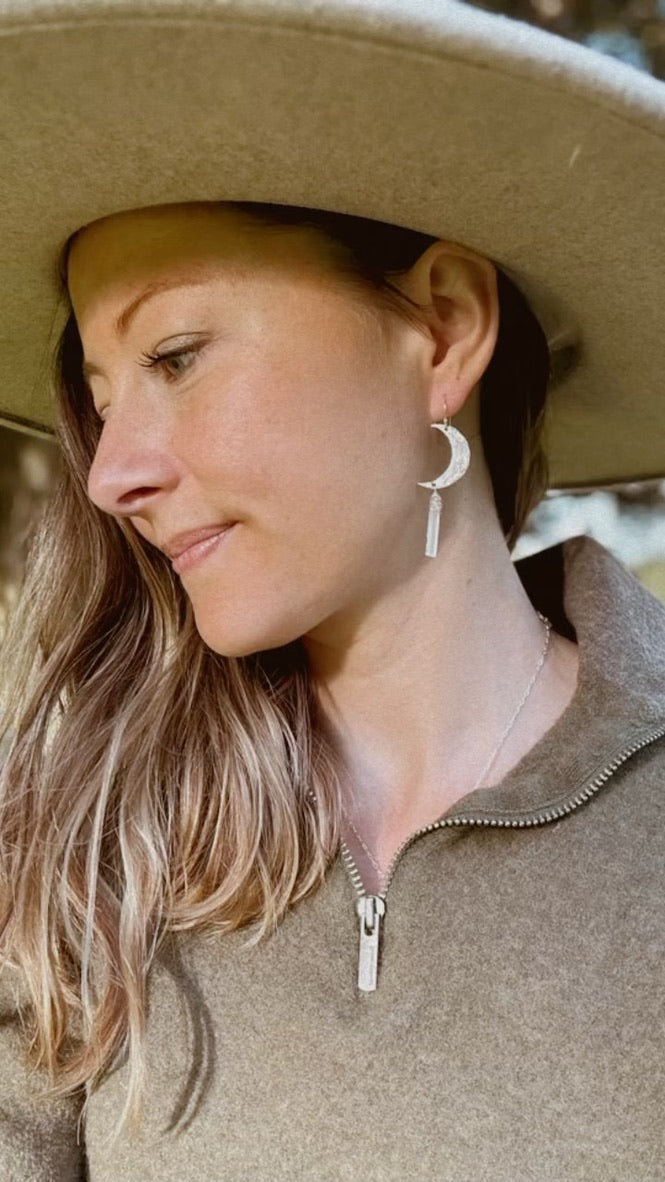 Moon and quartz, maine beach stone, textured Silver moons, celestial dangle earrings