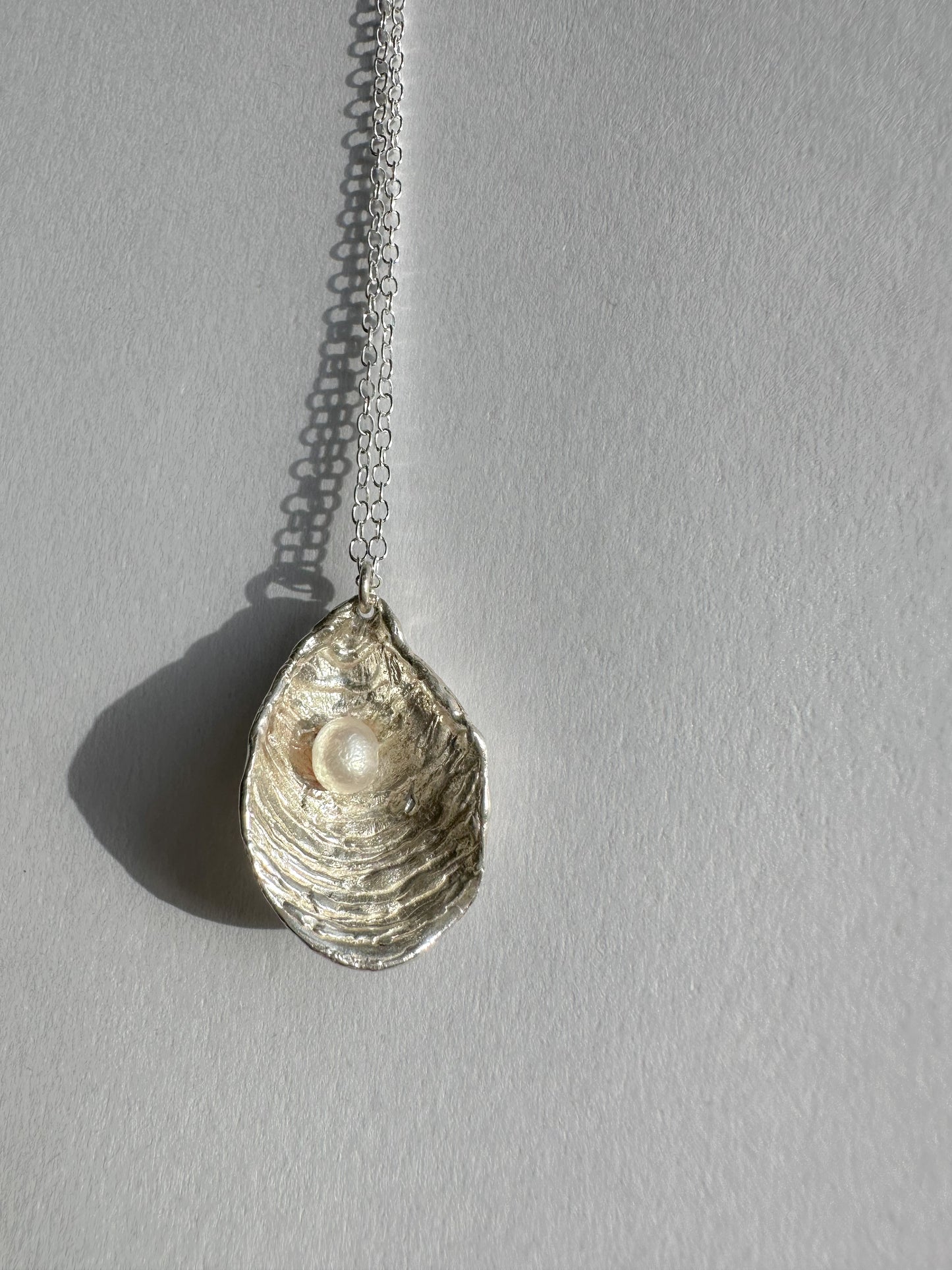 Textured Oyster necklace with fresh water pearl on adjustable chain, Maine Ocean inspired