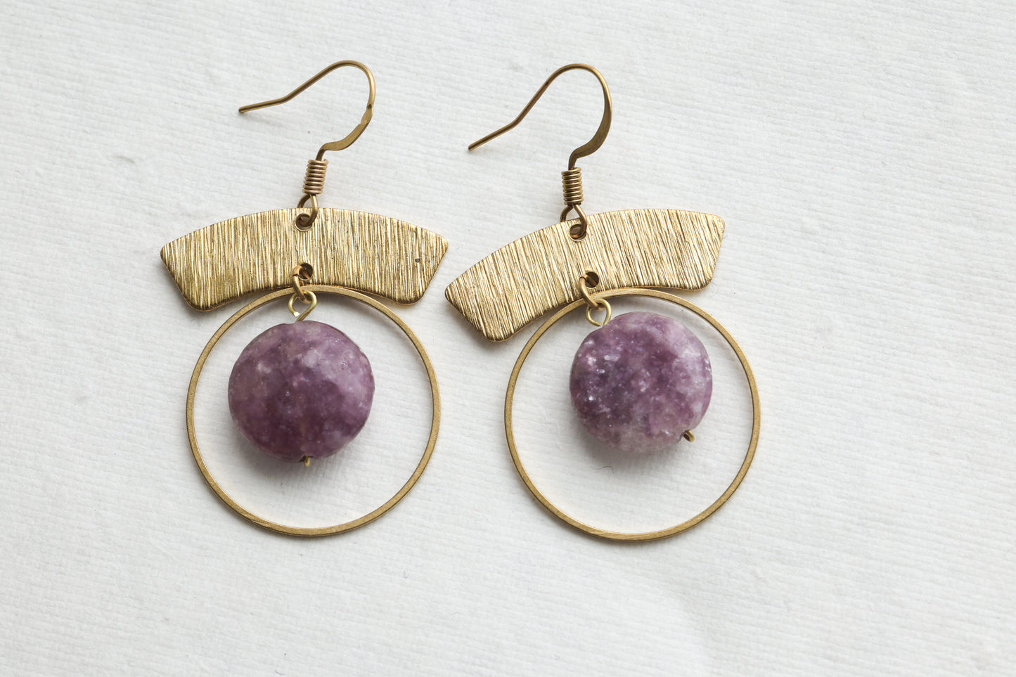 Solid brass boho hoop earrings with purple lepidolite
