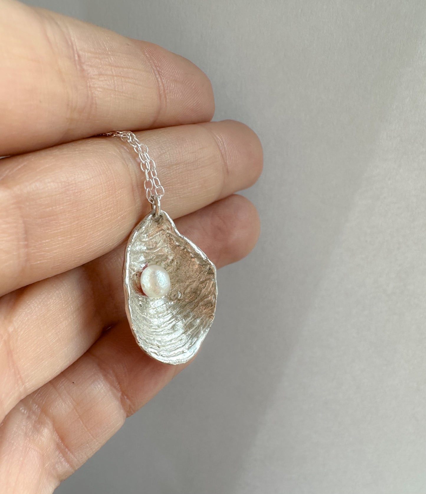 Textured Oyster necklace with fresh water pearl on adjustable chain, Maine Ocean inspired