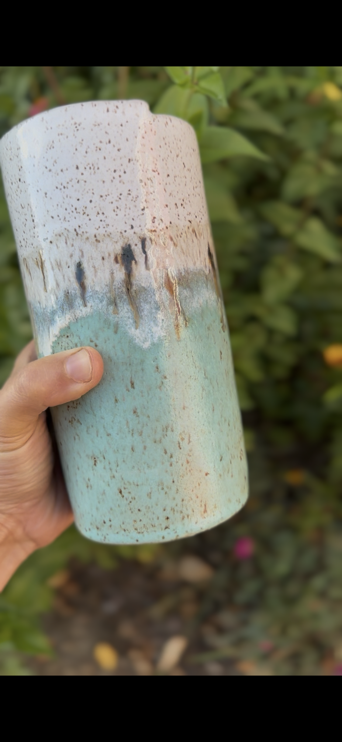 Sea foam blue & white speckled travel cup