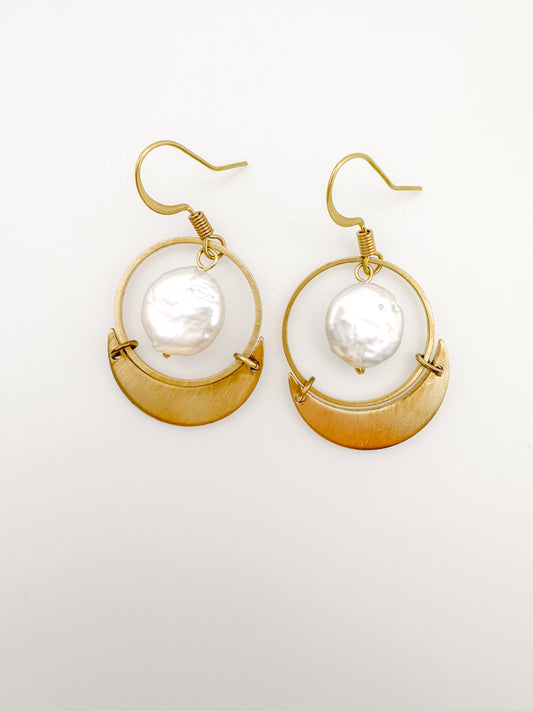 | Solid Brass Earrings: Fresh Water Pearl