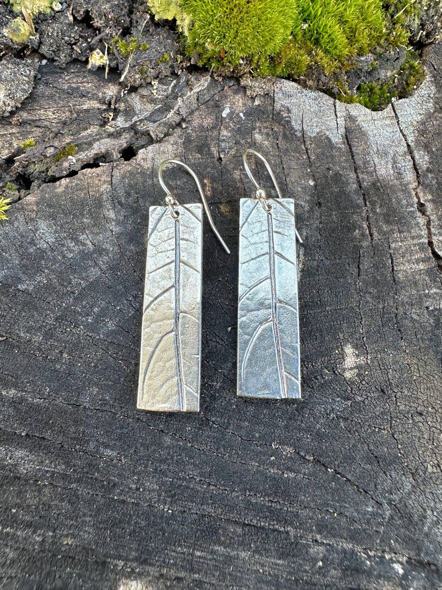 Botanical Minimalist lightweight recycled sterling silver rectangle earrings with leaf texture, minimalist