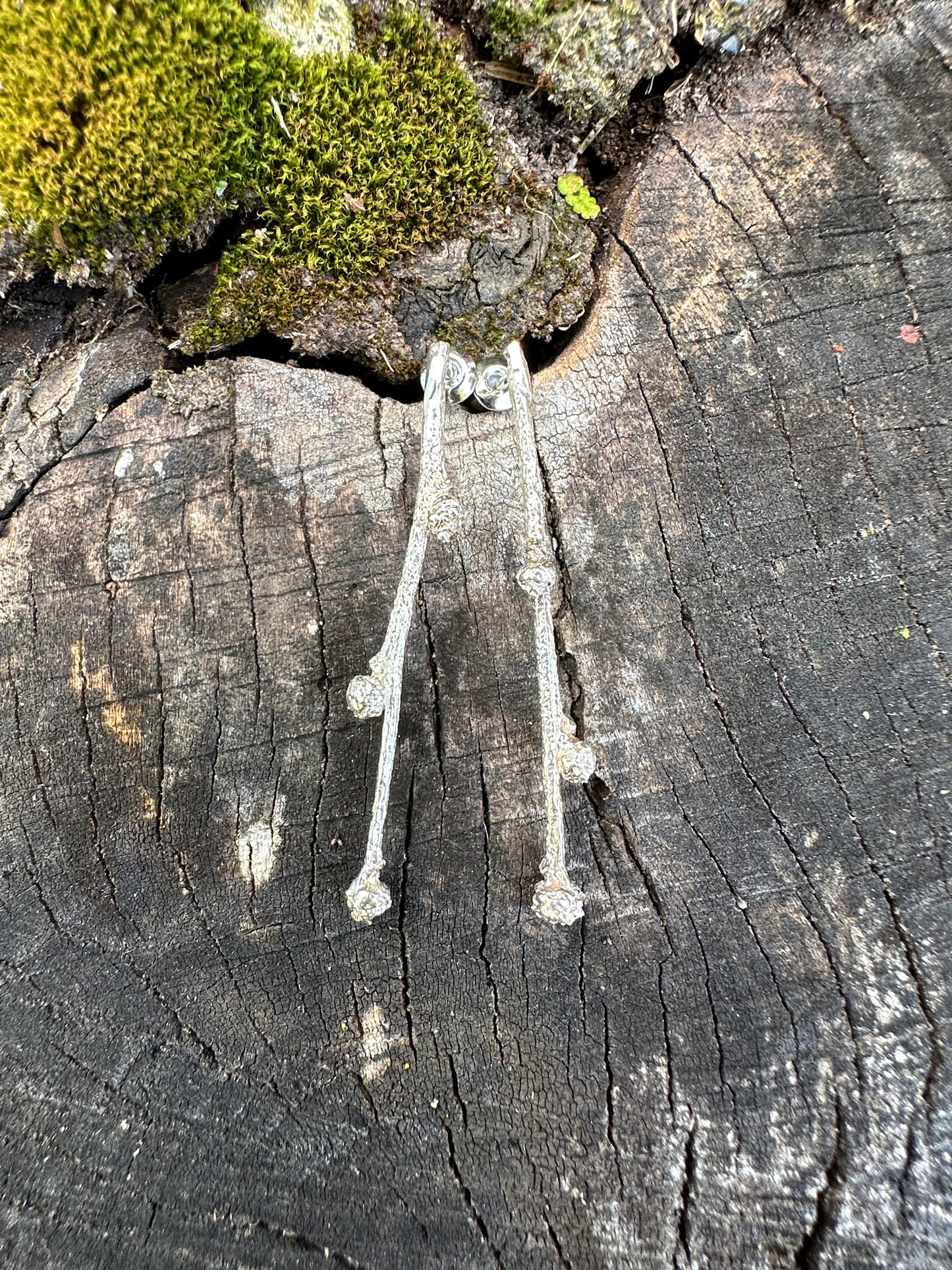 Budding Sprigs, elegant, earthy twig earrings studs with organic textures recycled sterling silver, Maine jewelry