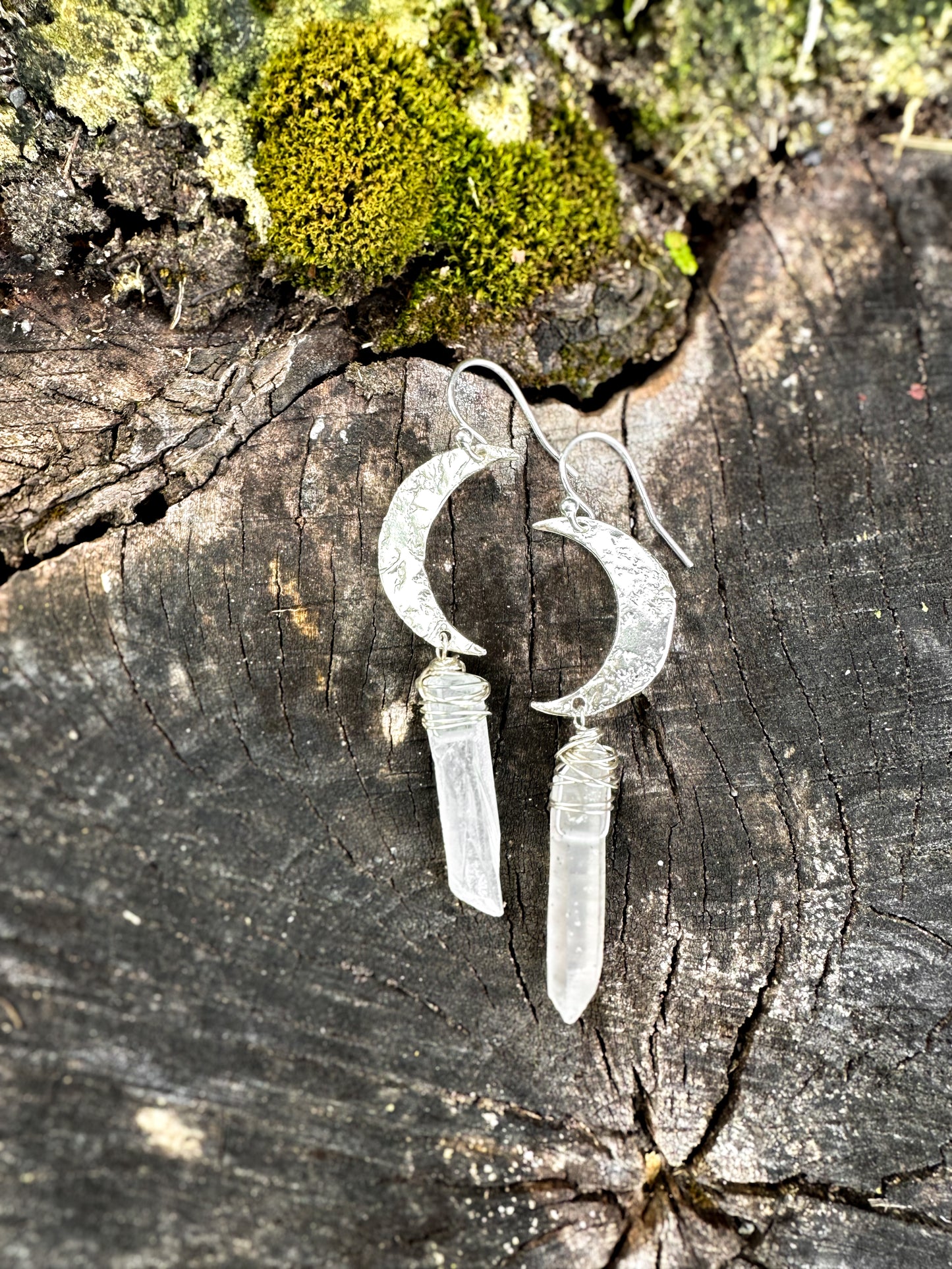 Moon and quartz, maine beach stone, textured Silver moons, celestial dangle earrings