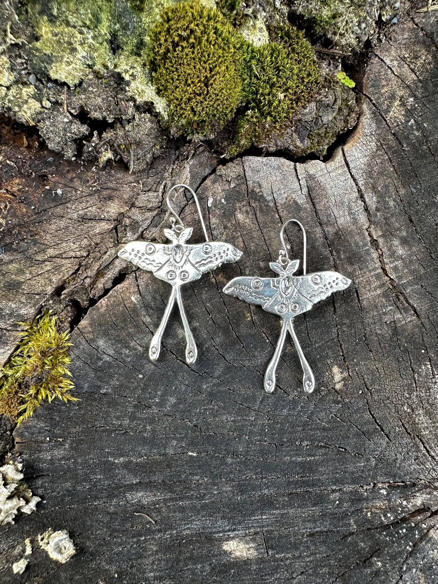 Luna Moth Earrings, Recycled Sterling Silver or Brass, Hand-Carved, Symbol of Transformation