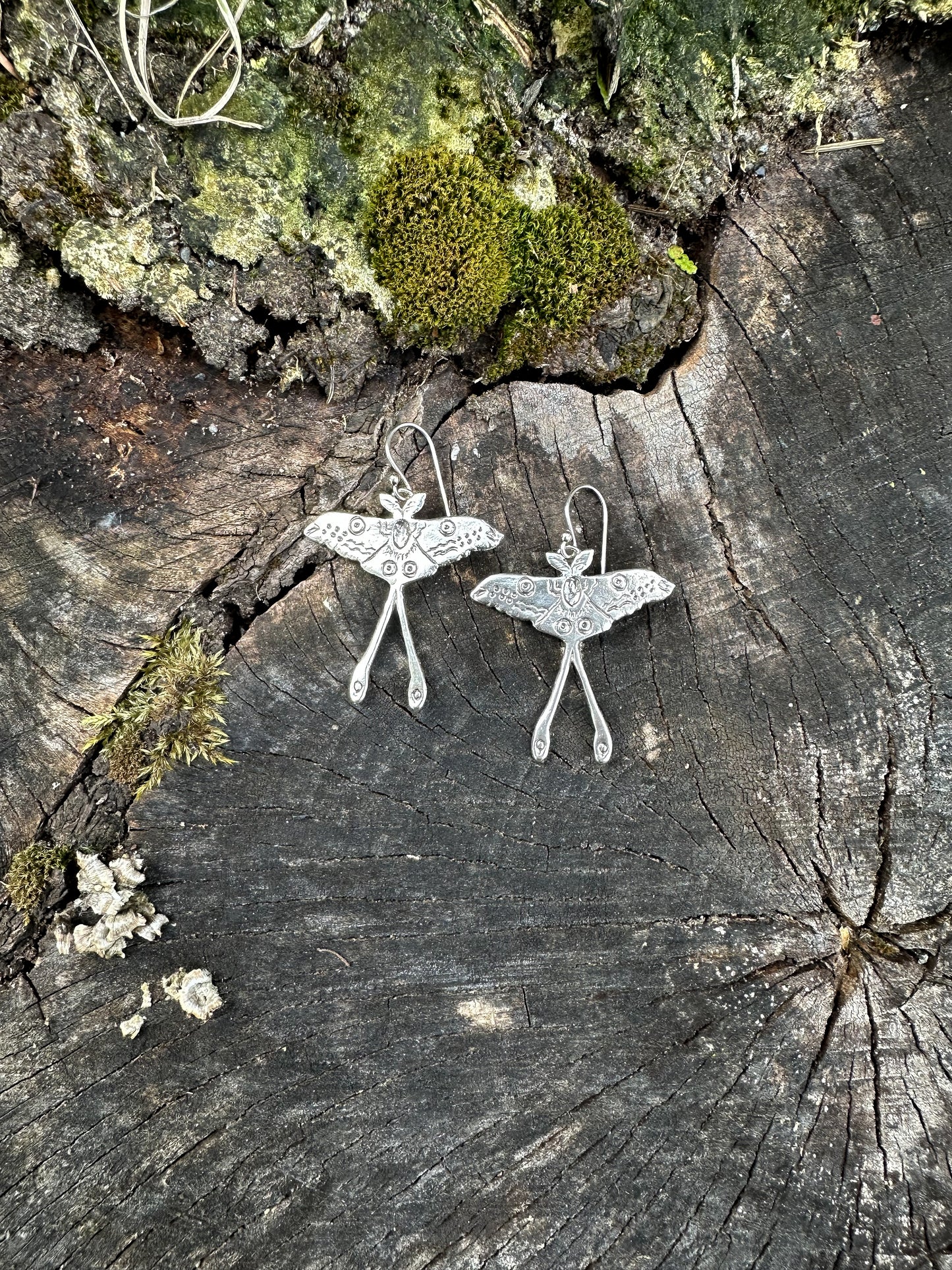 Luna Moth Earrings, Recycled Sterling Silver or Brass, Hand-Carved, Symbol of Transformation