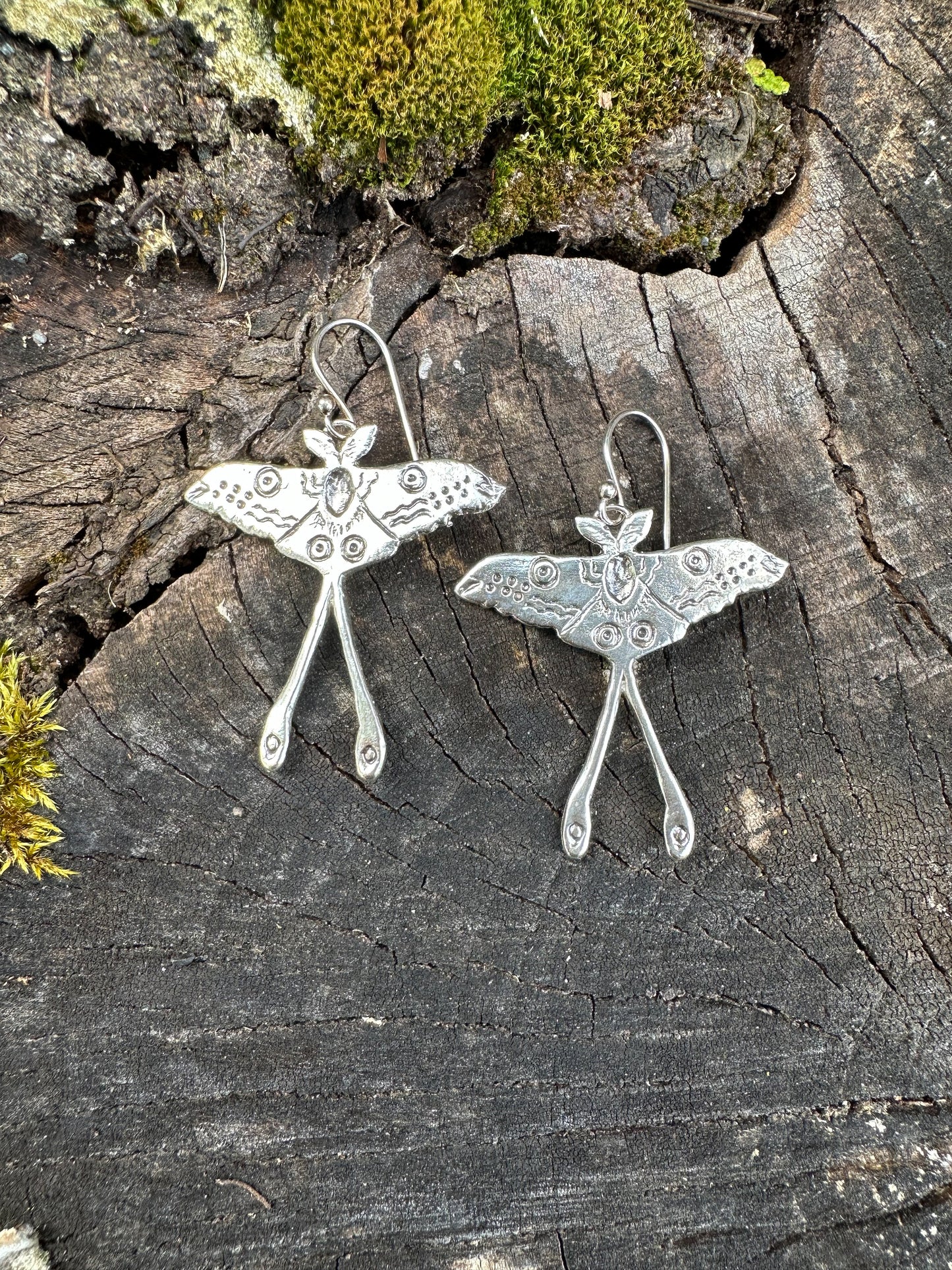 Luna Moth Earrings, Recycled Sterling Silver or Brass, Hand-Carved, Symbol of Transformation