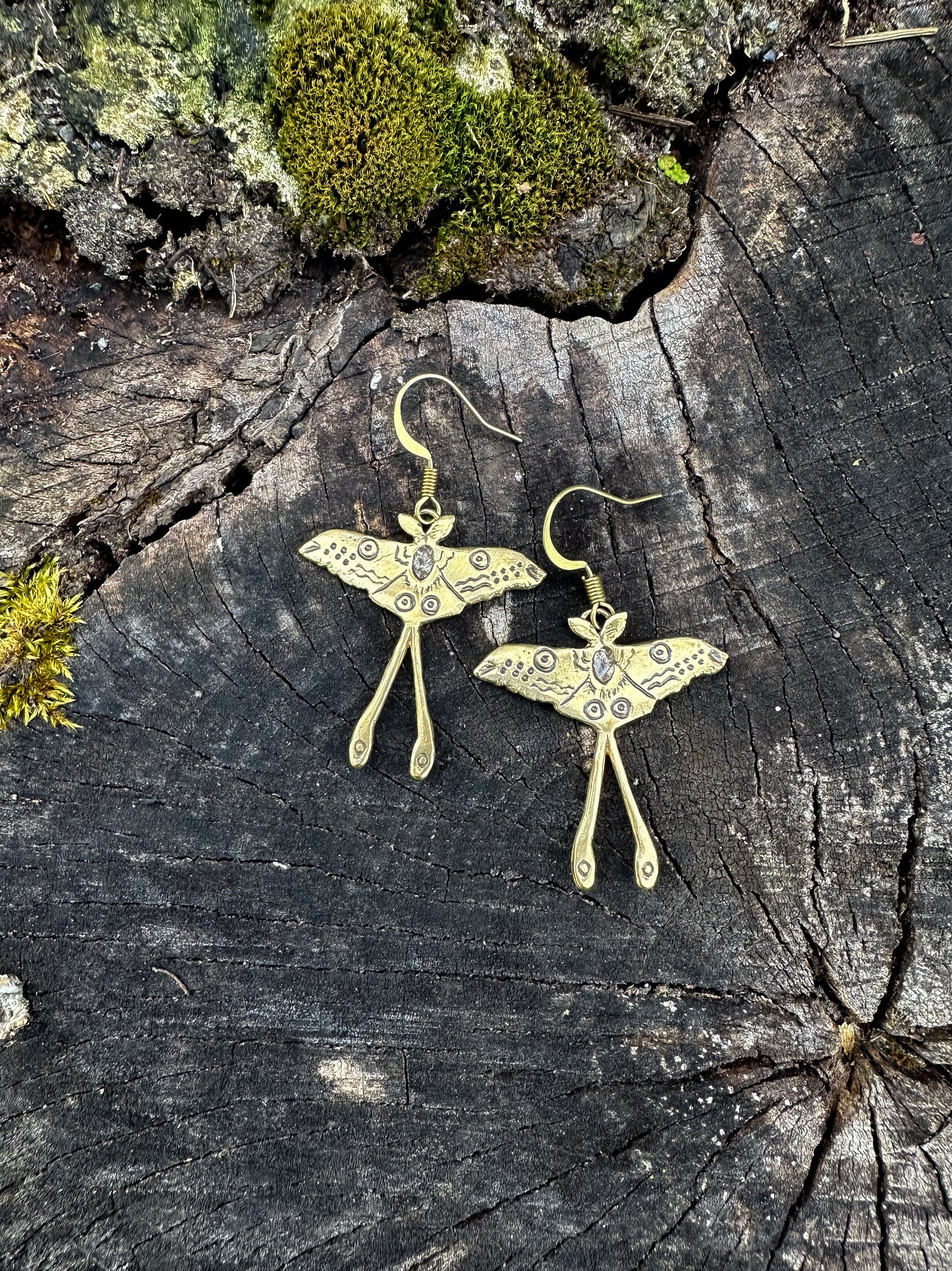 Luna Moth Earrings, Recycled Sterling Silver or Brass, Hand-Carved, Symbol of Transformation