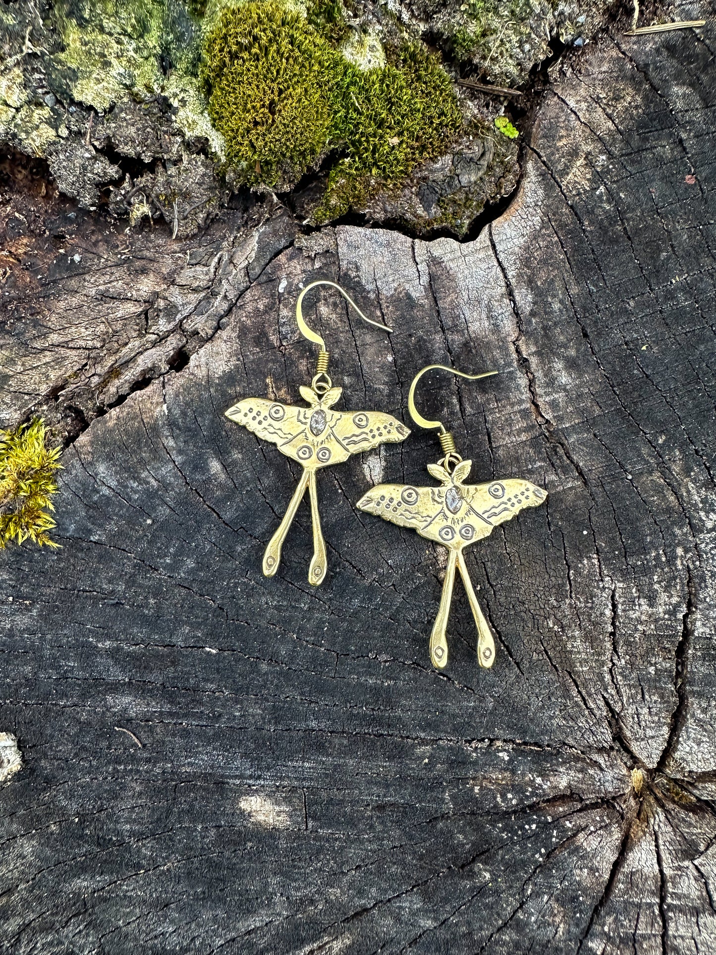 Luna Moth Earrings, Recycled Sterling Silver or Brass, Hand-Carved, Symbol of Transformation