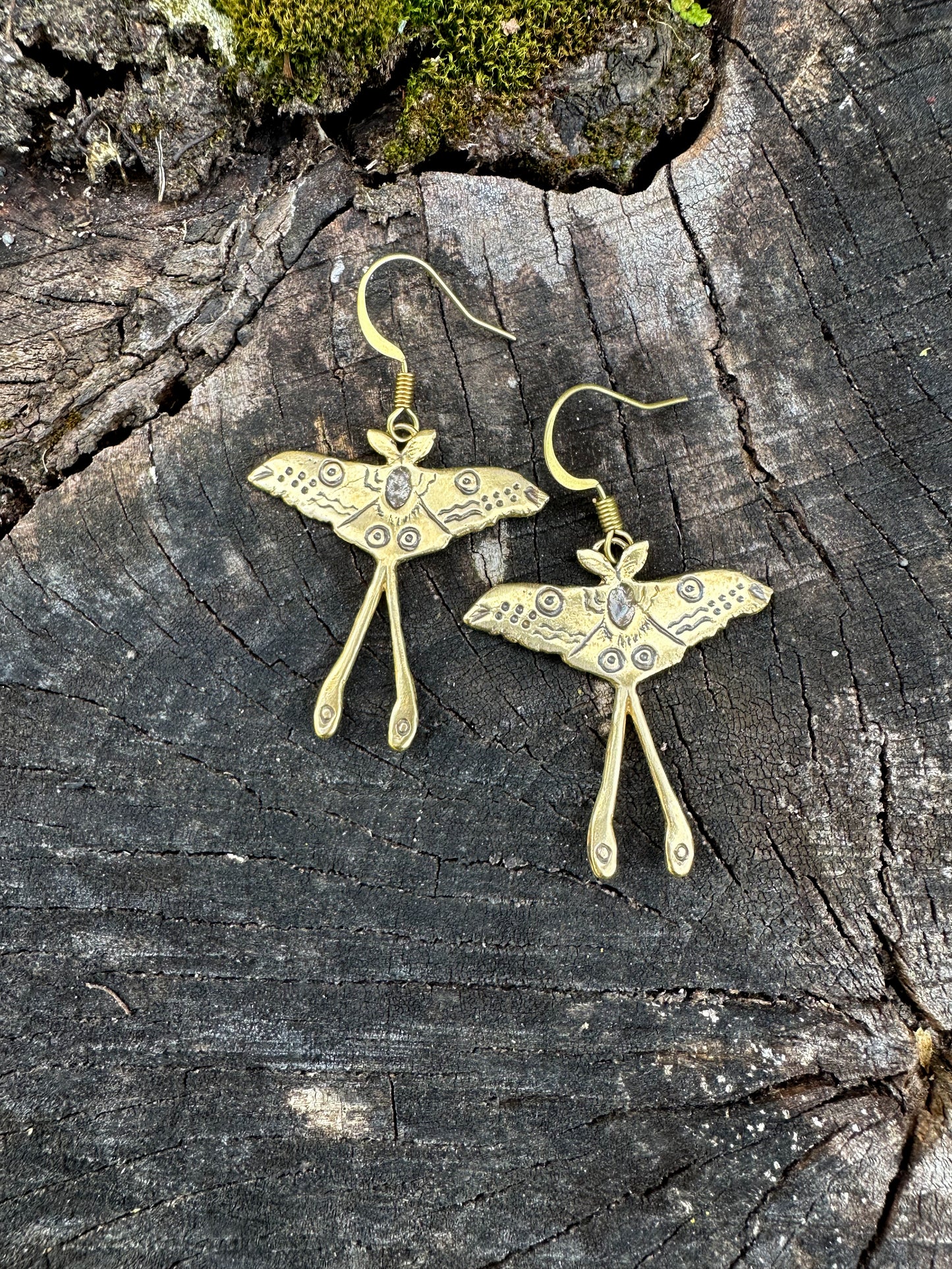 Luna Moth Earrings, Recycled Sterling Silver or Brass, Hand-Carved, Symbol of Transformation