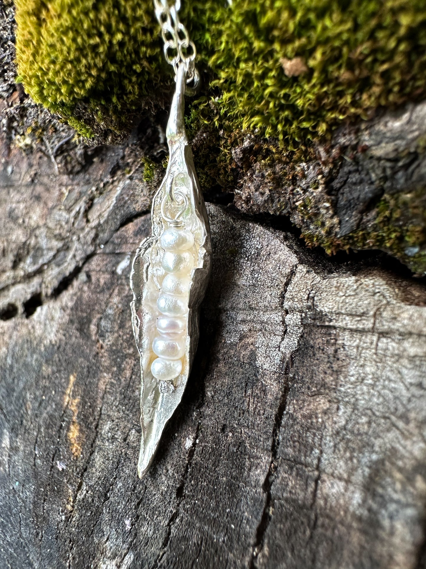 Silver Peapod, Pea Pod Necklace, Recycled Sterling Silver,  Freshwater Pearls,  Adjustable Length | Made in Maine