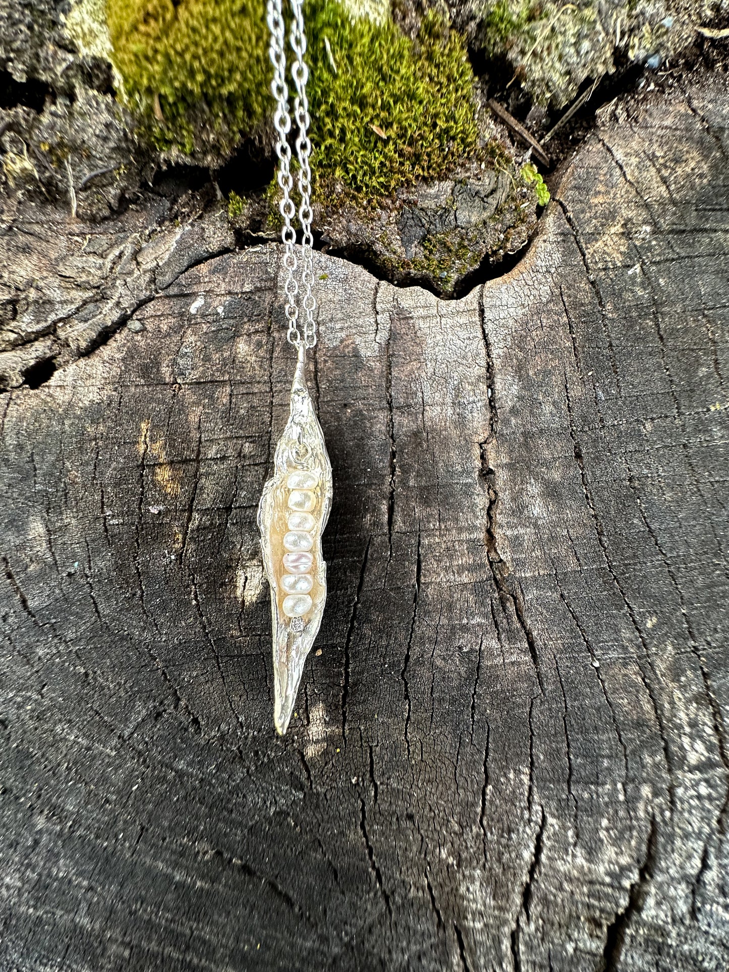 Silver Peapod, Pea Pod Necklace, Recycled Sterling Silver,  Freshwater Pearls,  Adjustable Length | Made in Maine
