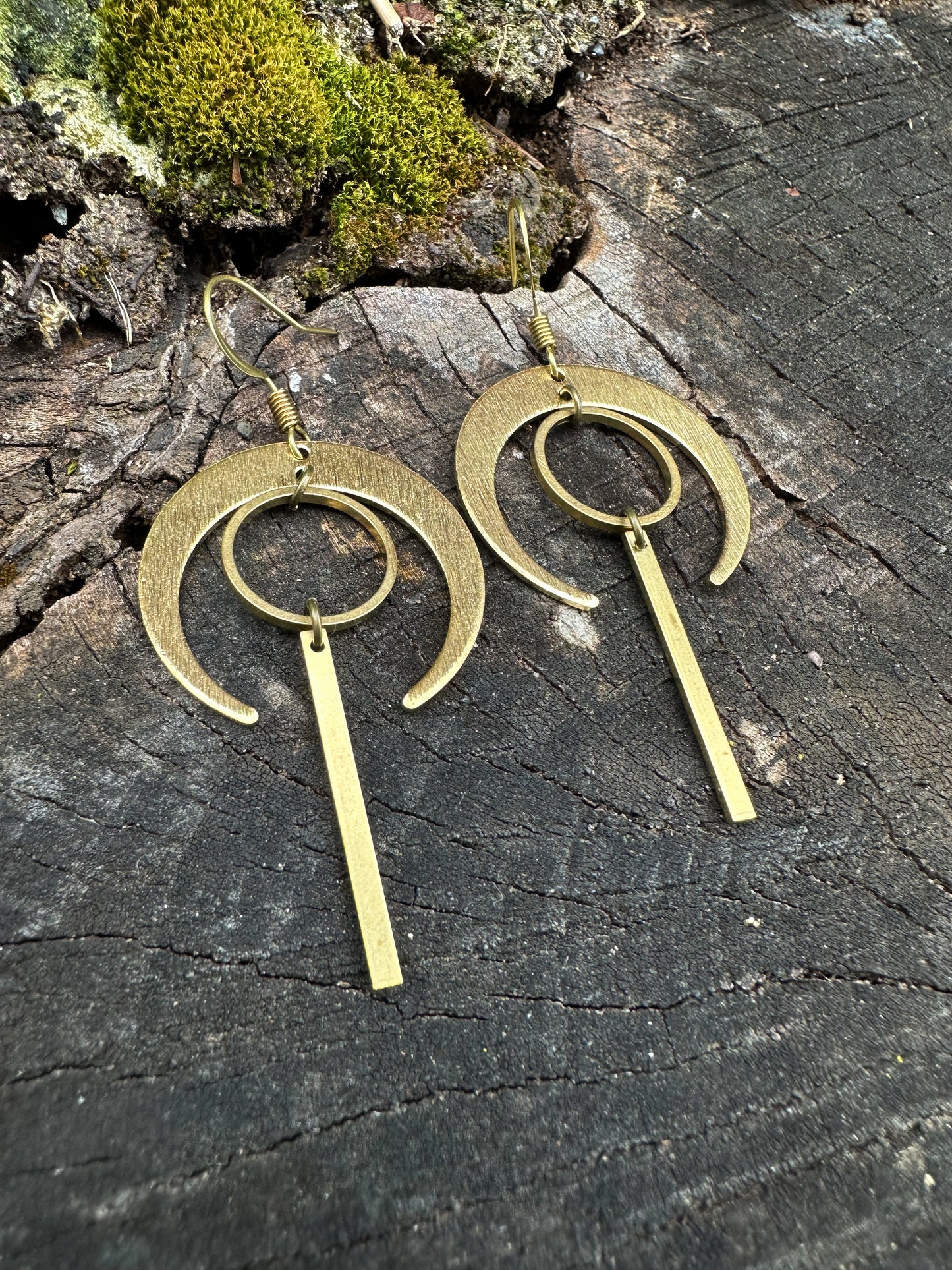 Moon and Circle dangly Brass Geometric Earrings