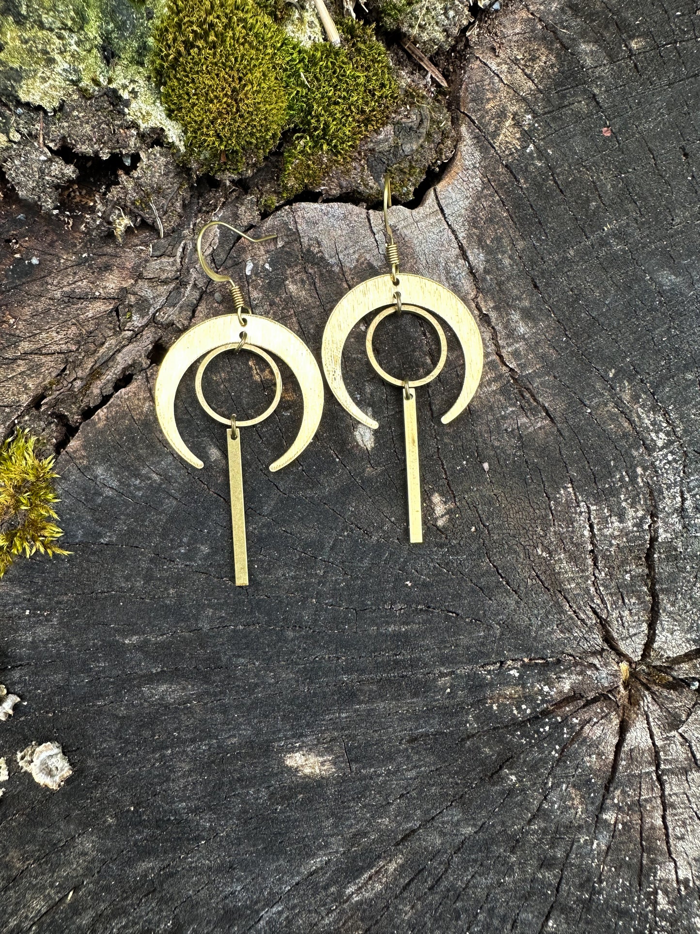 Moon and Circle dangly Brass Geometric Earrings