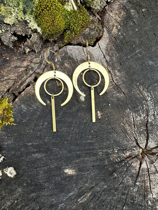 MOON + CIRCLE | Handmade Brass Geometric Earrings with Dangly | Free Shipping