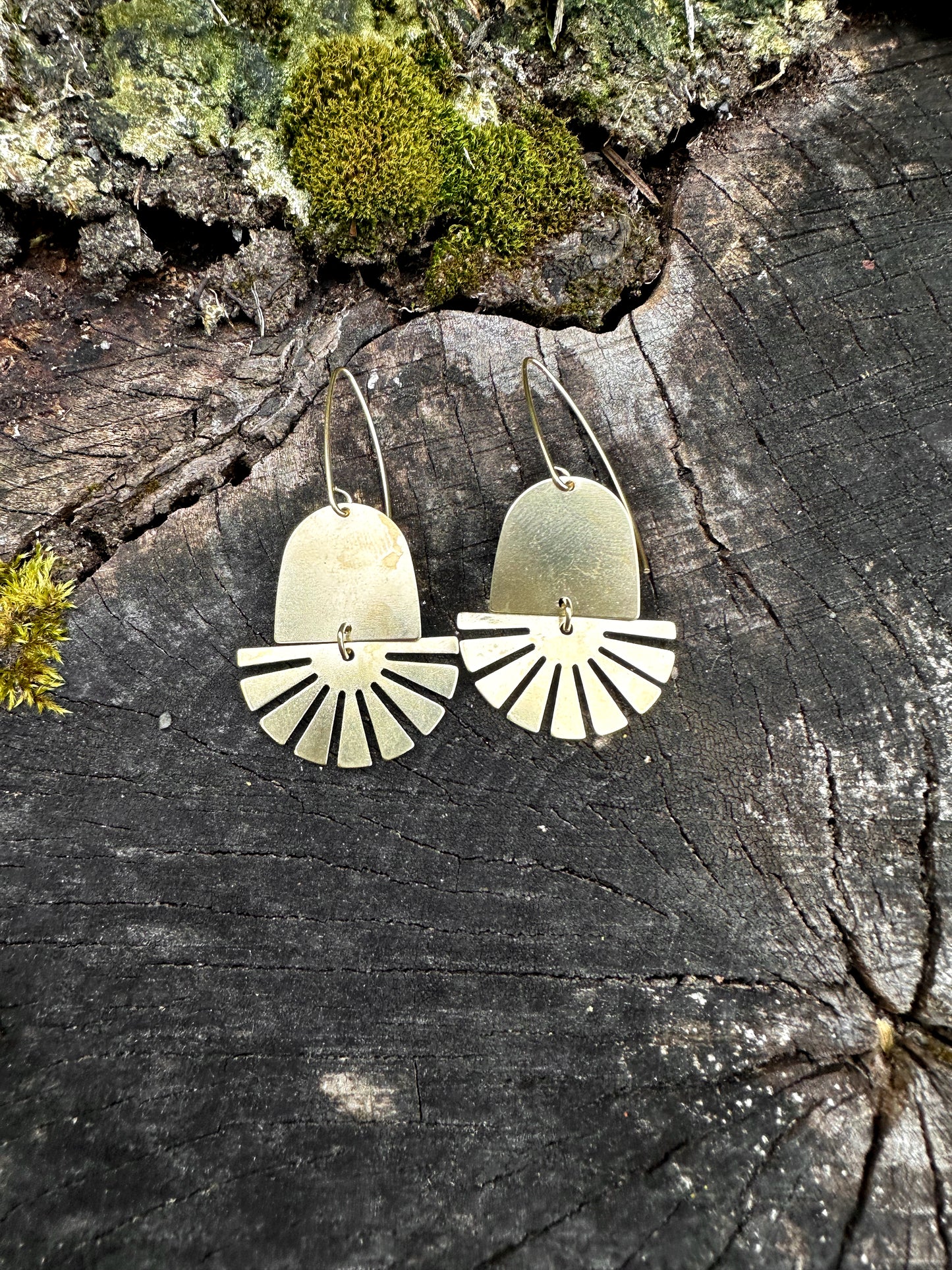 Aztec sun, lightweight, solid brass, celestial dangle earrings