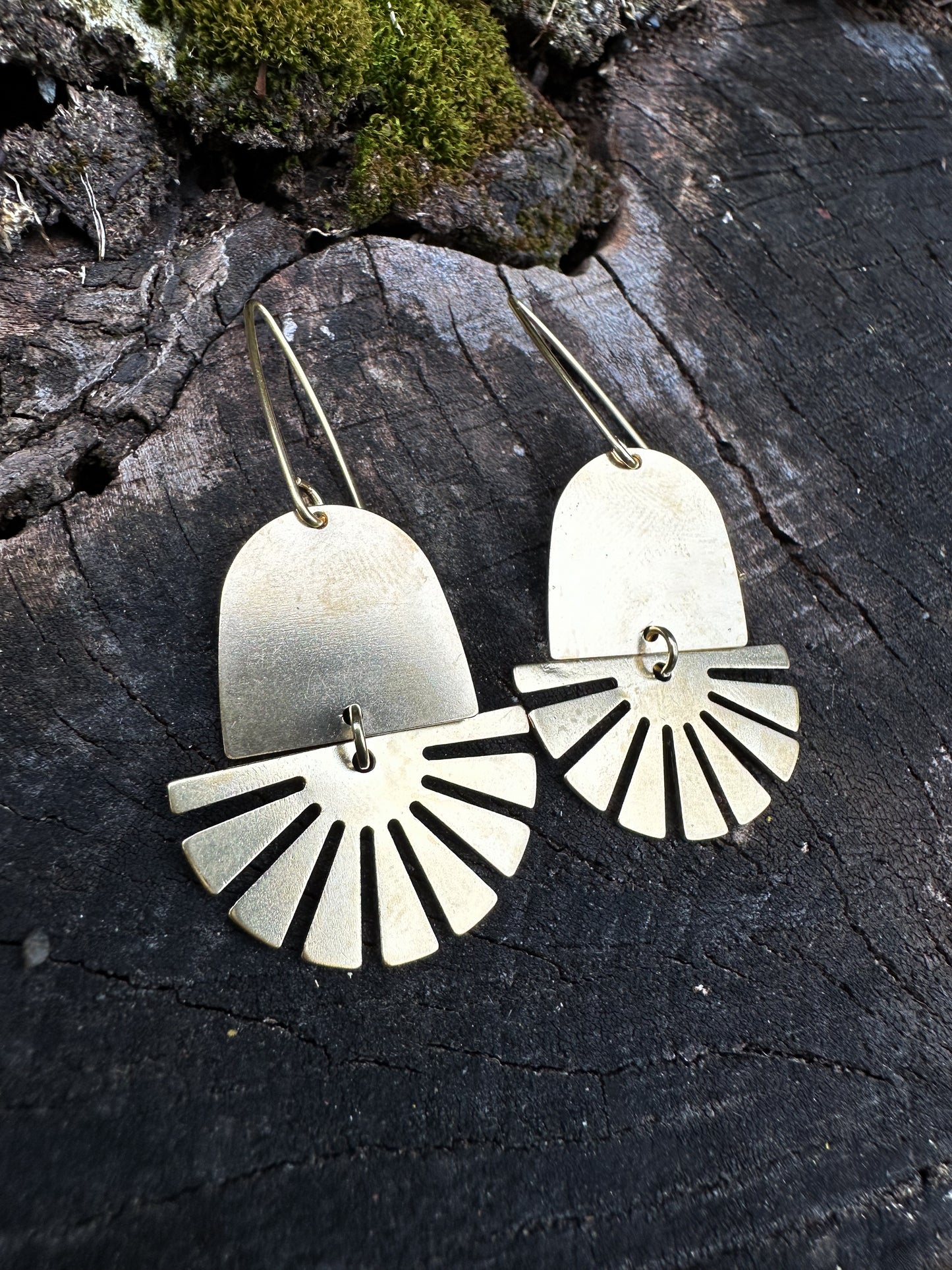 Aztec sun, lightweight, solid brass, celestial dangle earrings