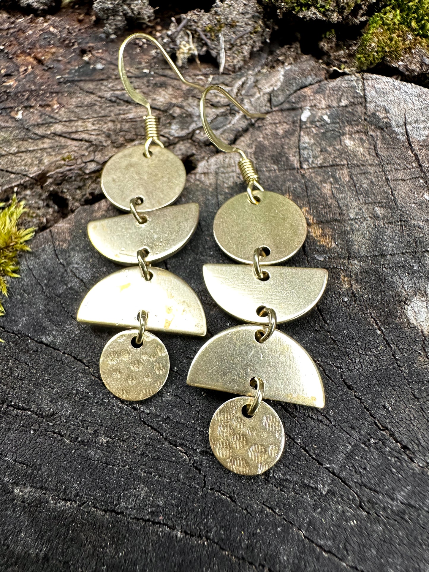 Geometric circle and half circle dangle earrings, long fun funky rustic earrings in sturdy brass